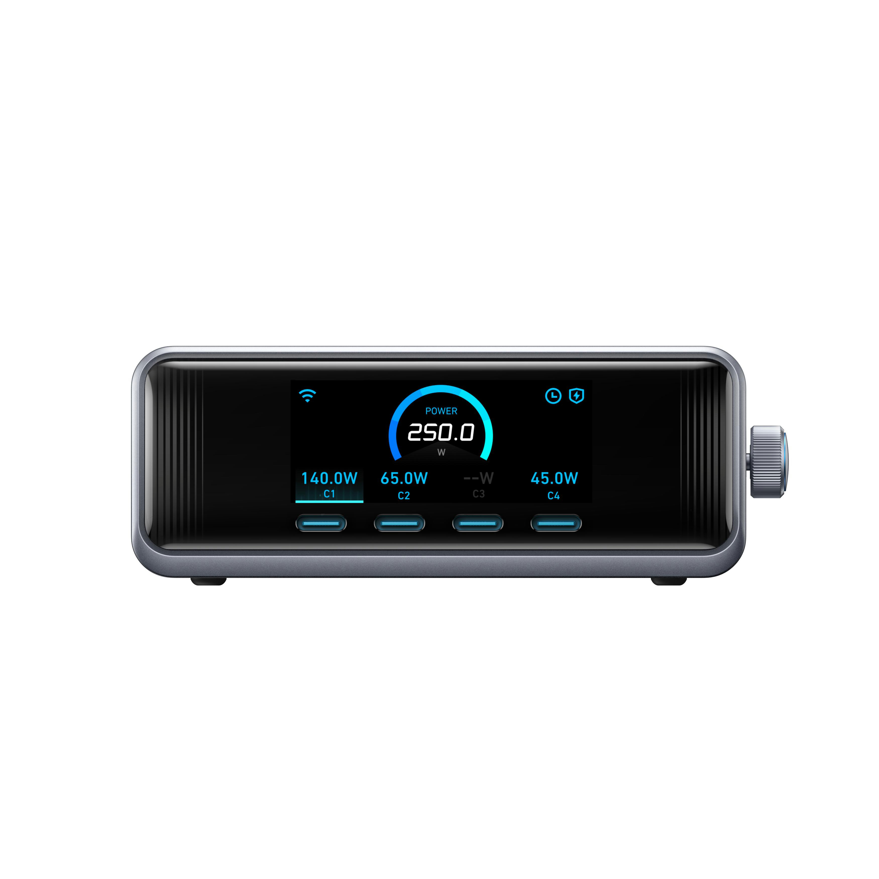 Schwarzer digitaler Audioplayer mit Leistungsanzeige und einem Bedienknopf.