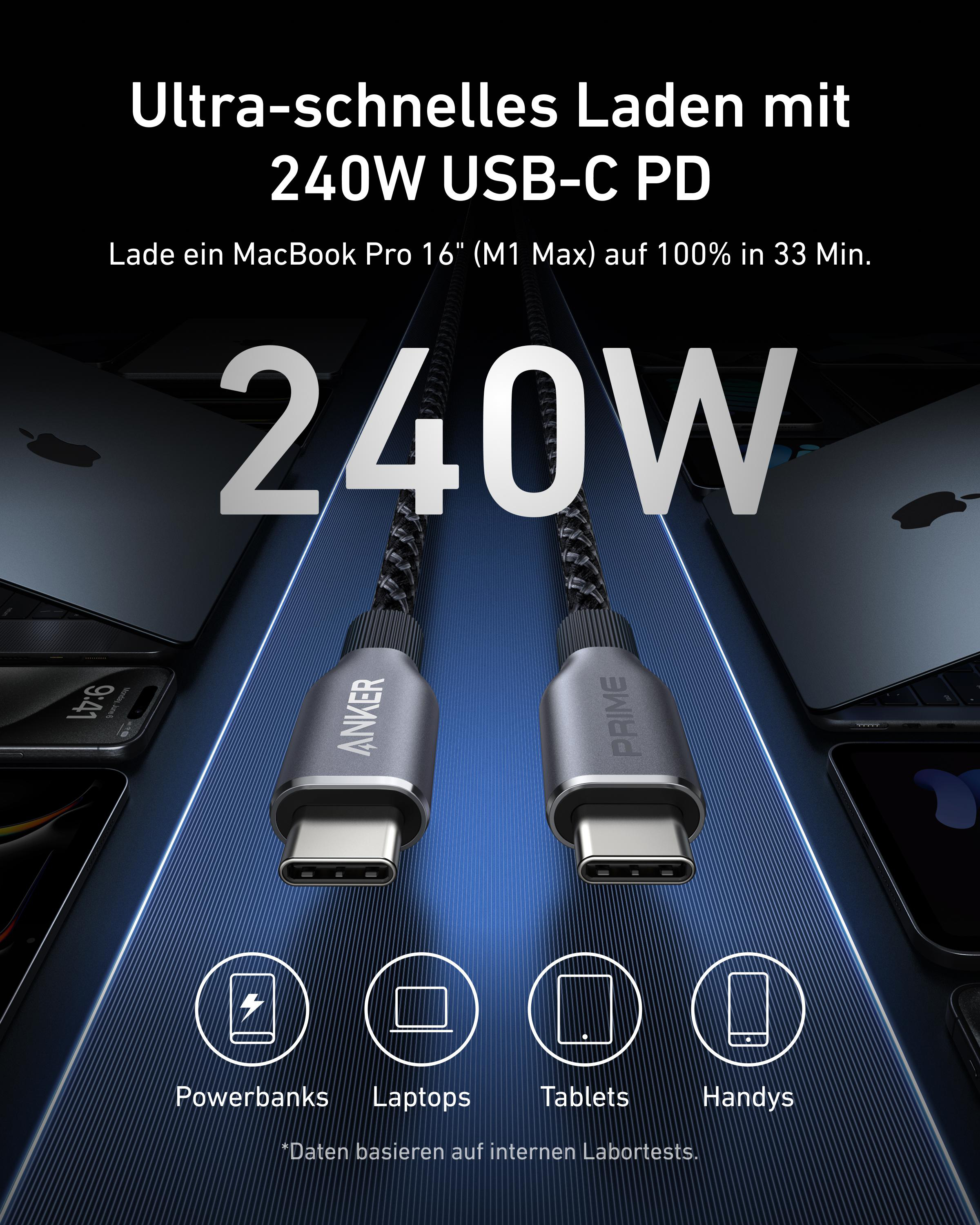 Ein Ladekabel mit zwei silbernen Steckern. Text zeigt 240W USB-C PD und lädt Geräte.