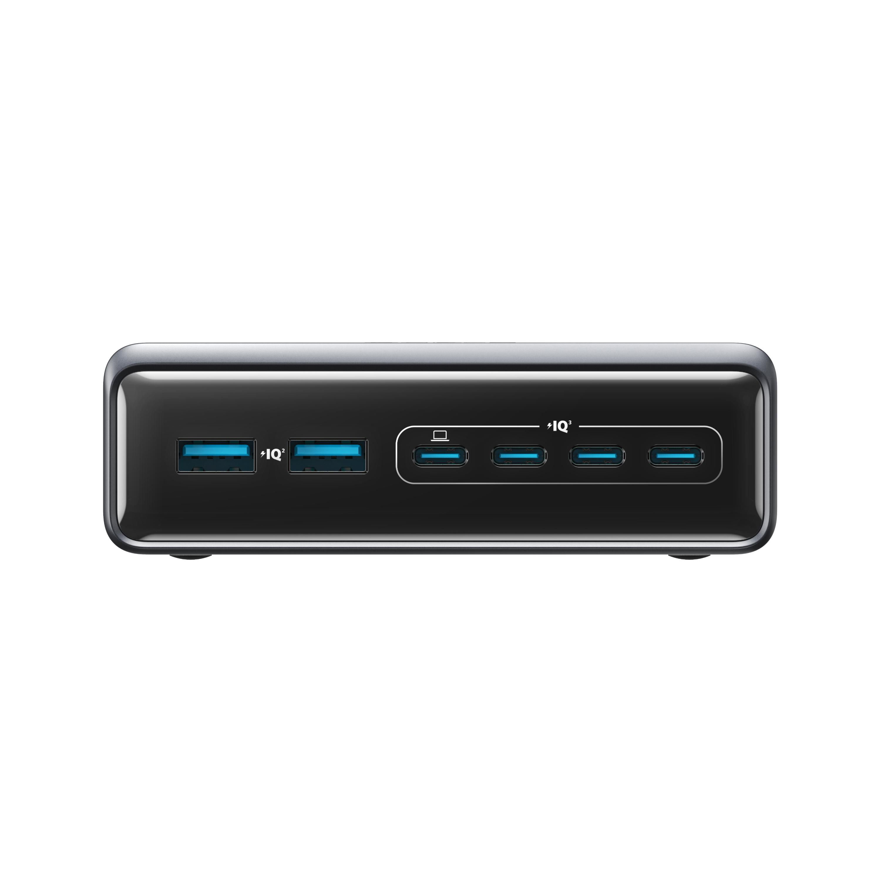 Schwarzer Anker USB-Hub mit blauen Anschlüssen.