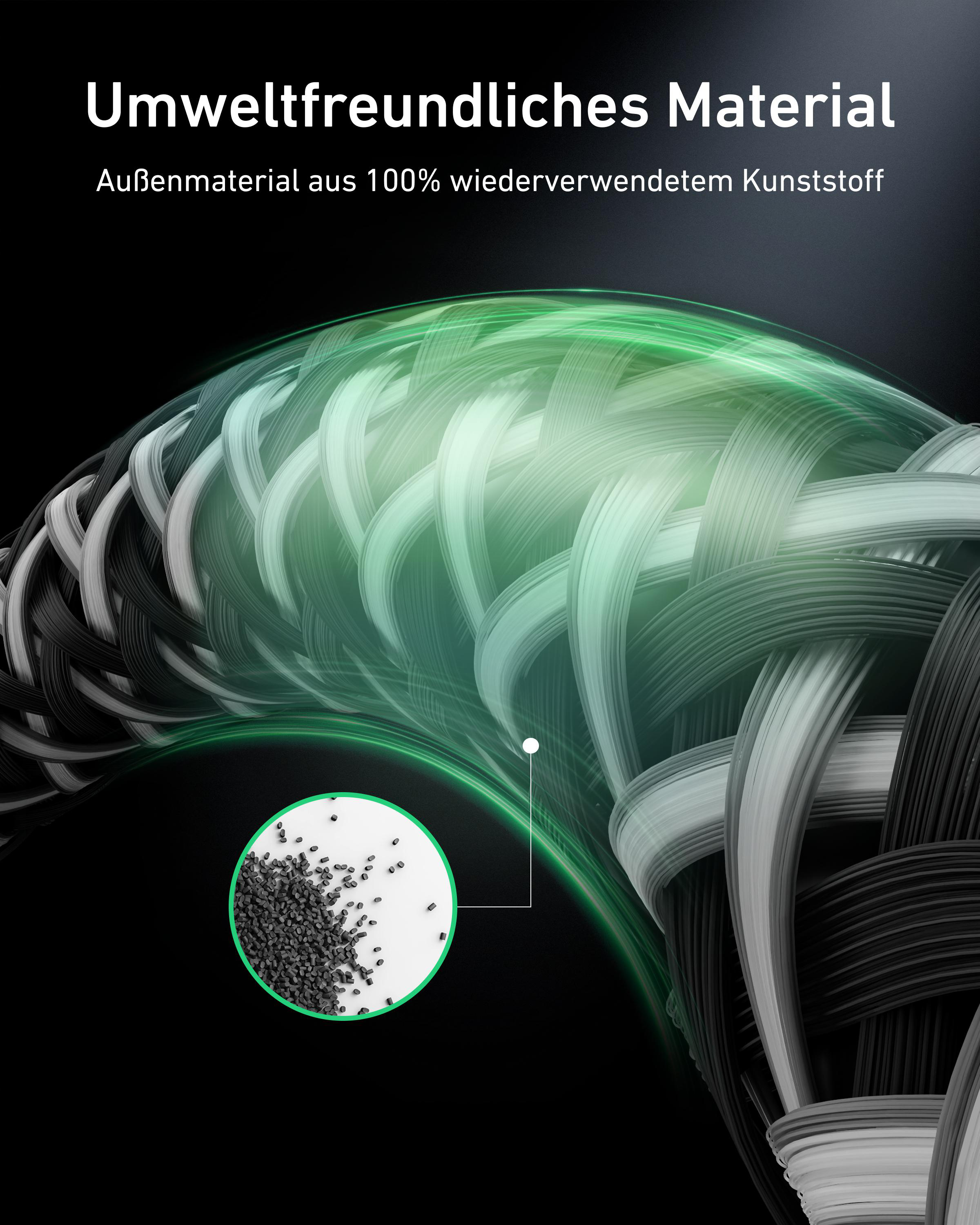 Ein Materialdetail mit grün und weiß verwobenen Fasern und schwarzen Granulaten.