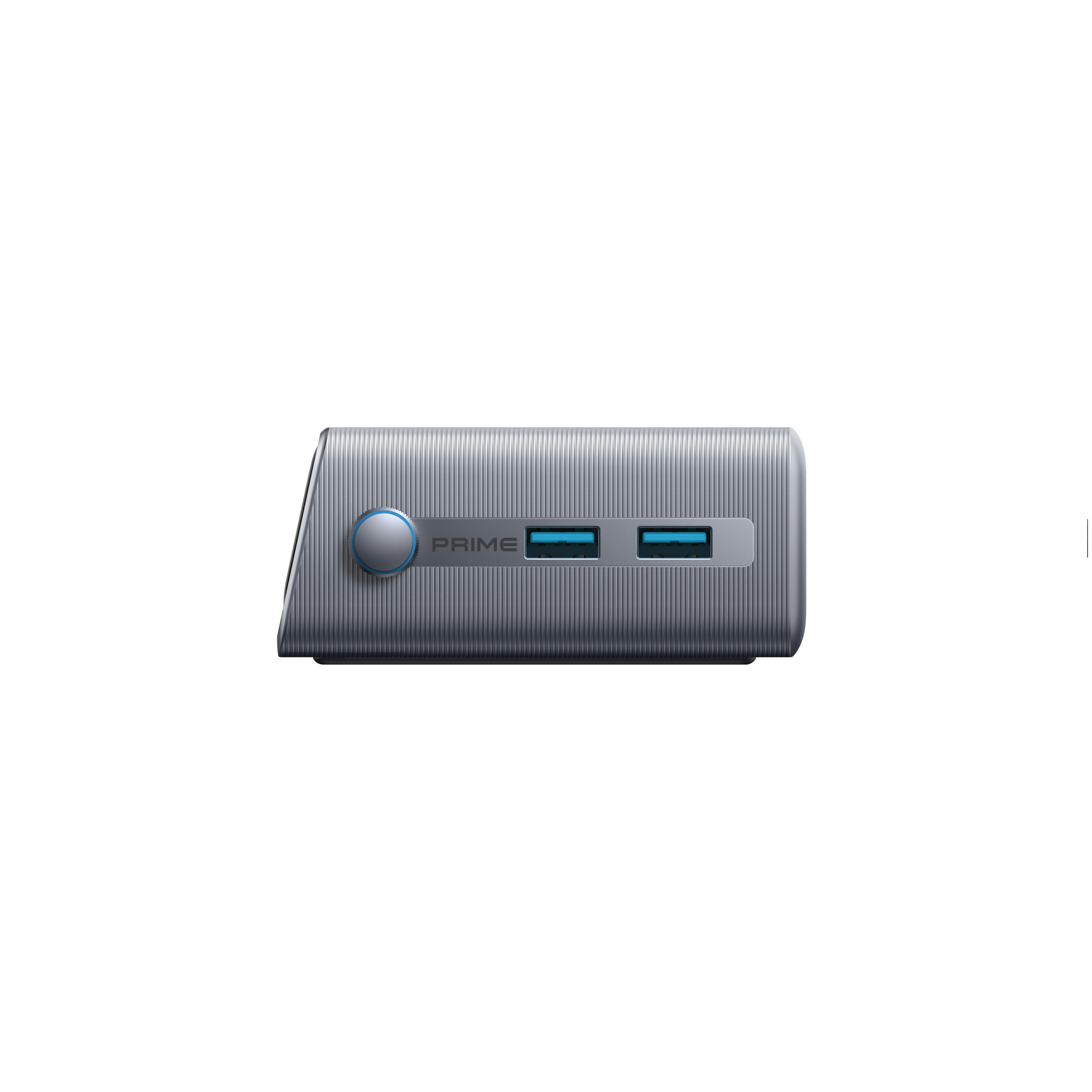 Ein silberfarbenes, rechteckiges Gerät mit zwei USB-Anschlüssen und einem Prime-Logo.