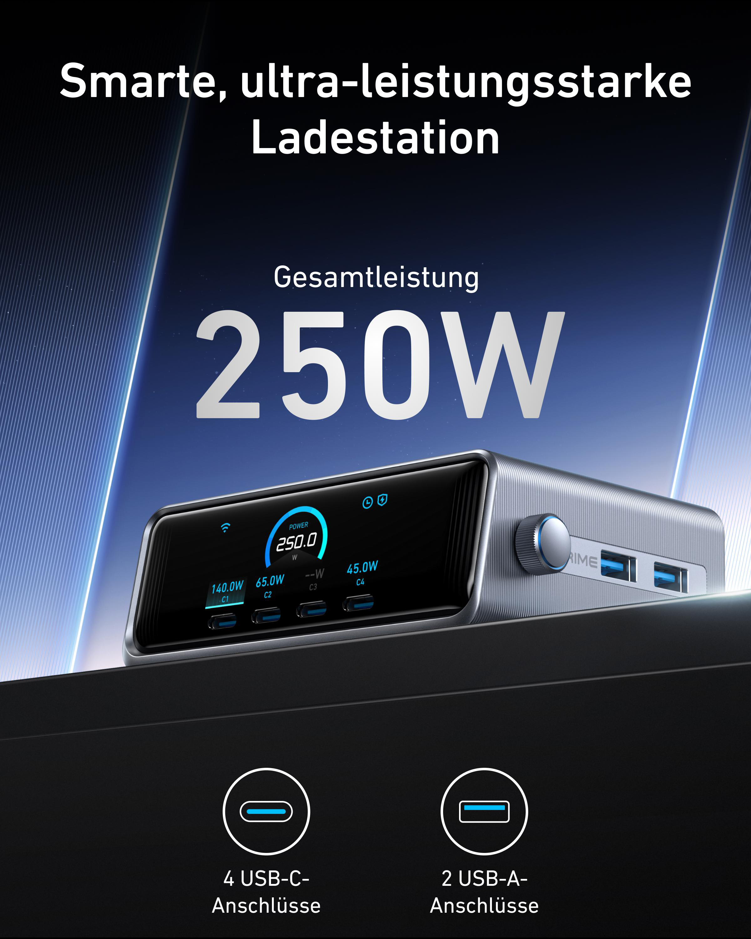 Ladestation mit mehreren Anschlüssen, die 250W Leistung anzeigt.