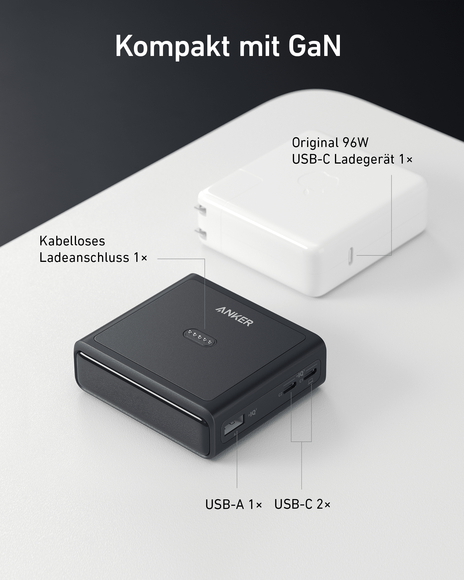 Schwarzes und weißes Anker-Ladegerät mit USB-Anschlüssen.
