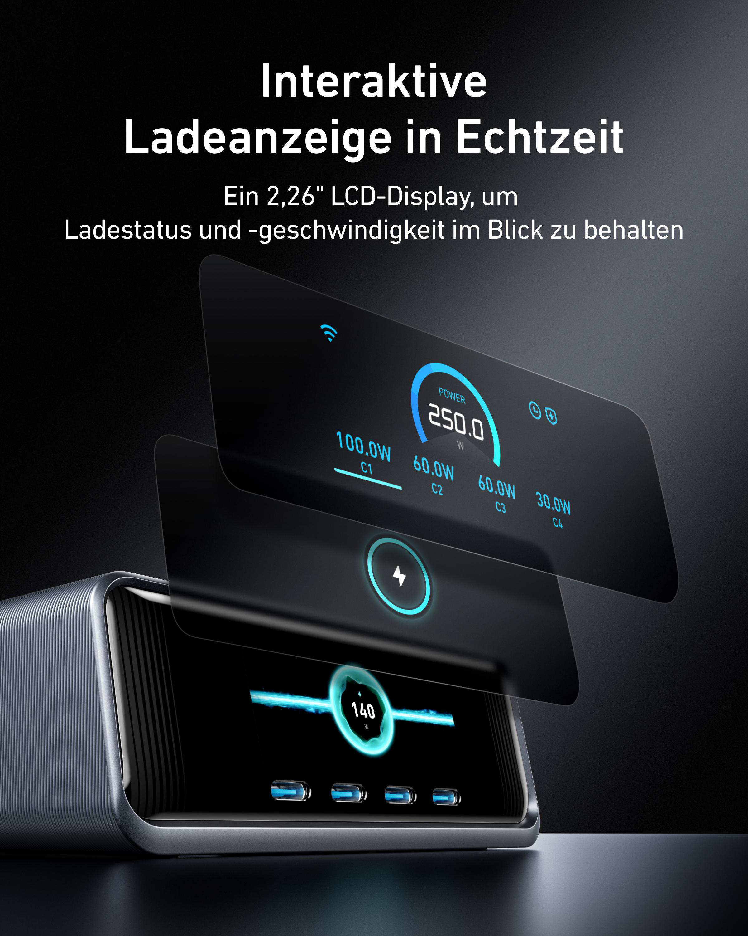 Schwarze Ladestation mit Display, das Leistung und Ladestatus anzeigt. Anschlüsse sichtbar.