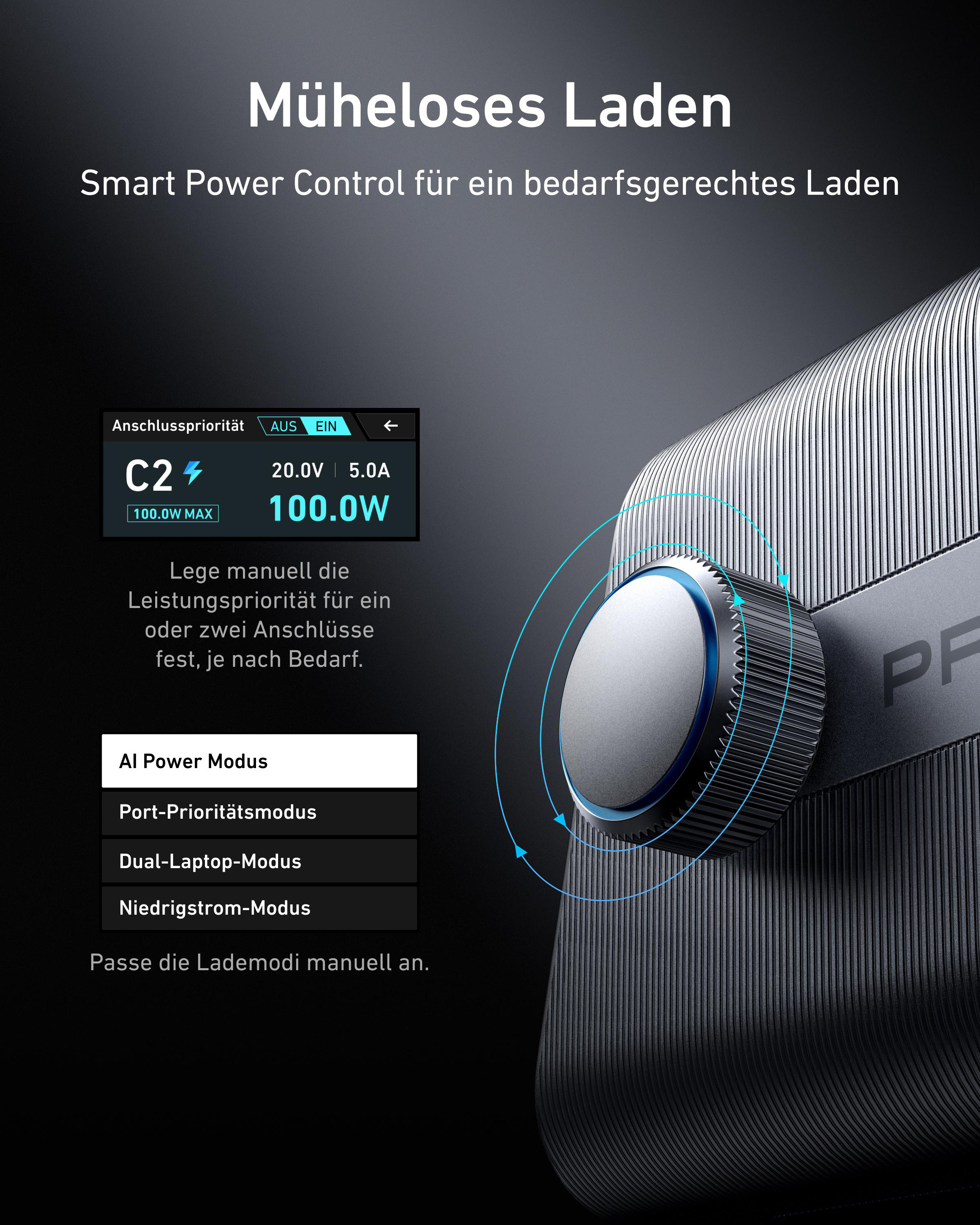 Ein Ladegerät mit Steuertasten und Display, neben einer schwarzen Oberfläche.