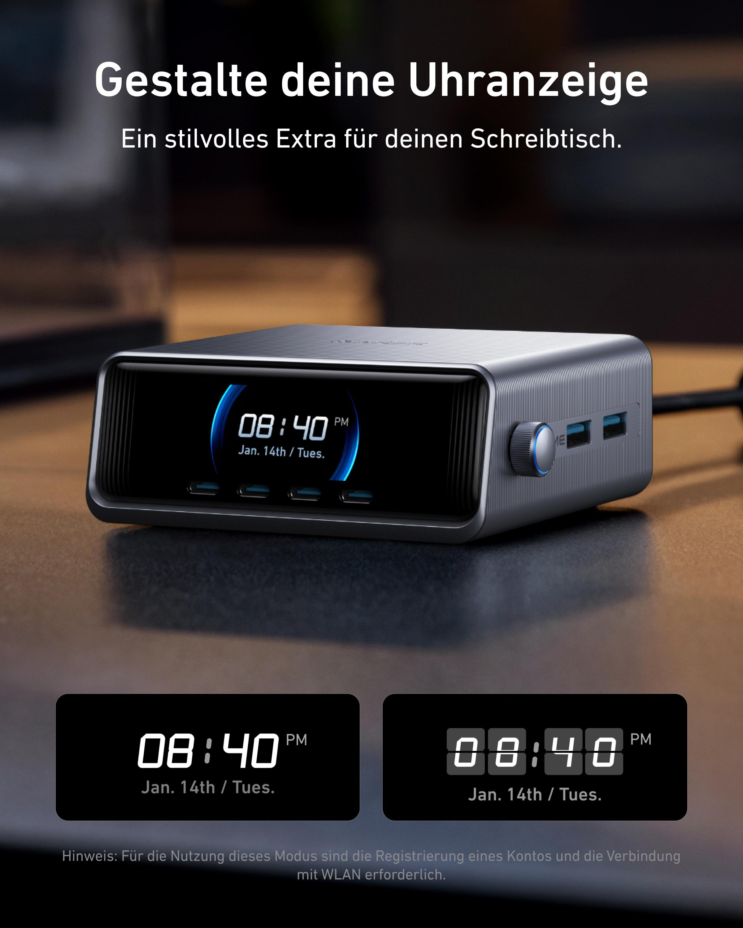 Silberne Digitaluhr mit Anzeige von Uhrzeit und Datum. Überschrift: Gestalte deine Uhrenanzeige. Schreibtischaccessoire.