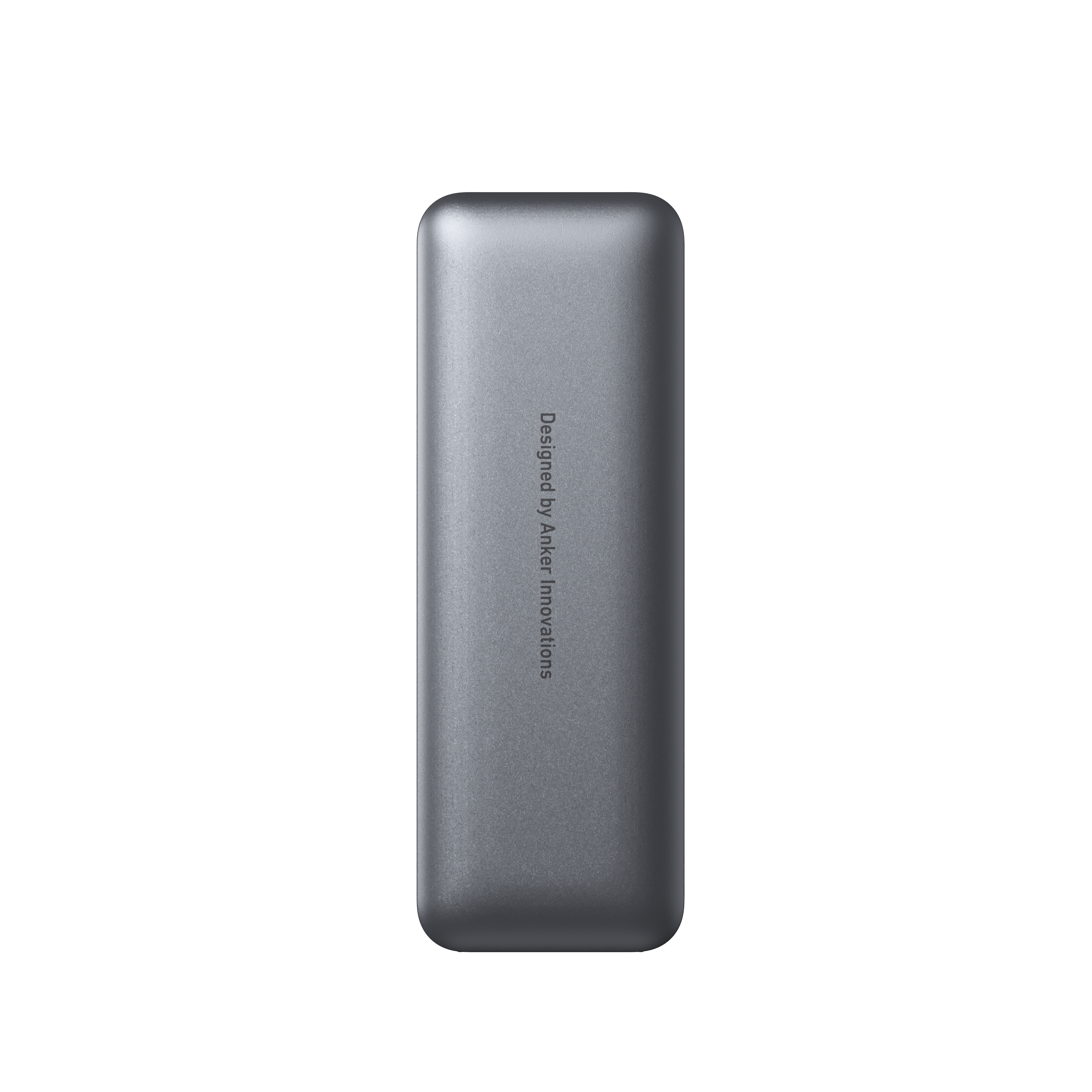 Eine graue, rechteckige Powerbank mit dem Text „Designed by Anker Innovations“.