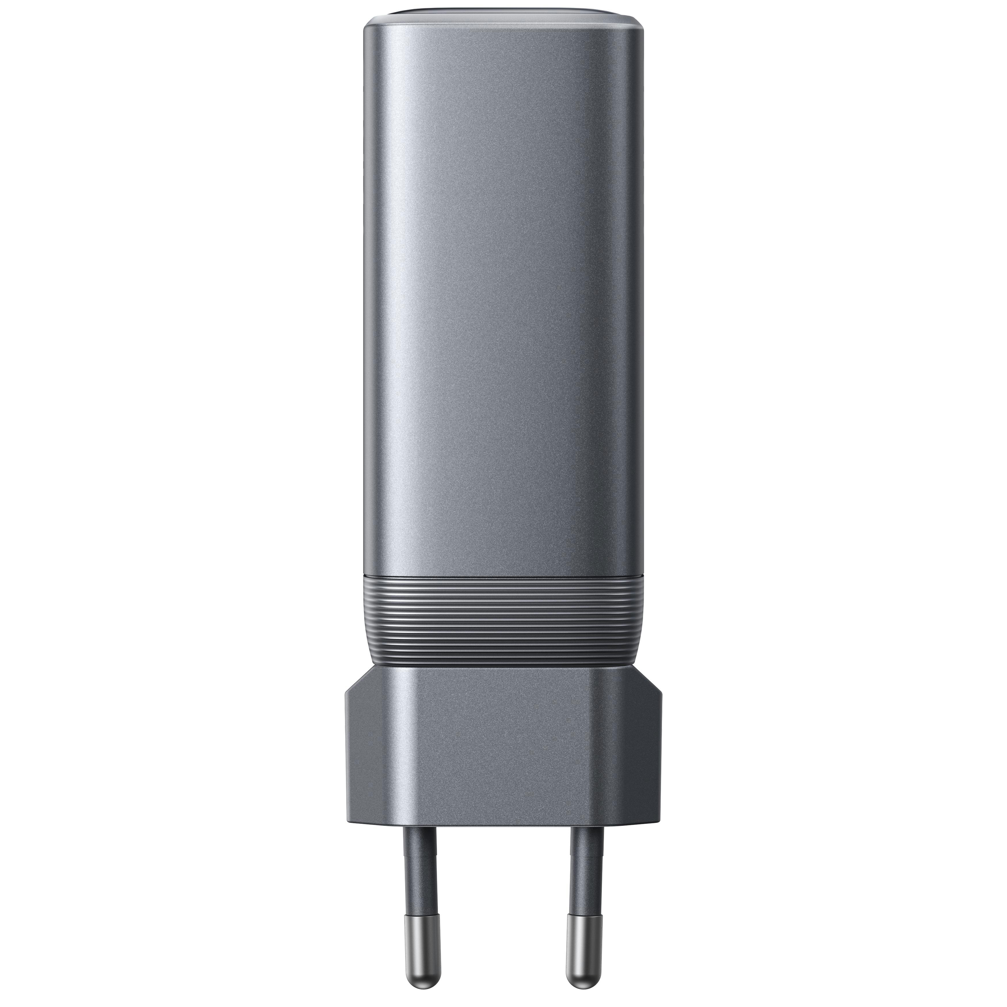 Grauer Netzadapter mit zwei Stiften.