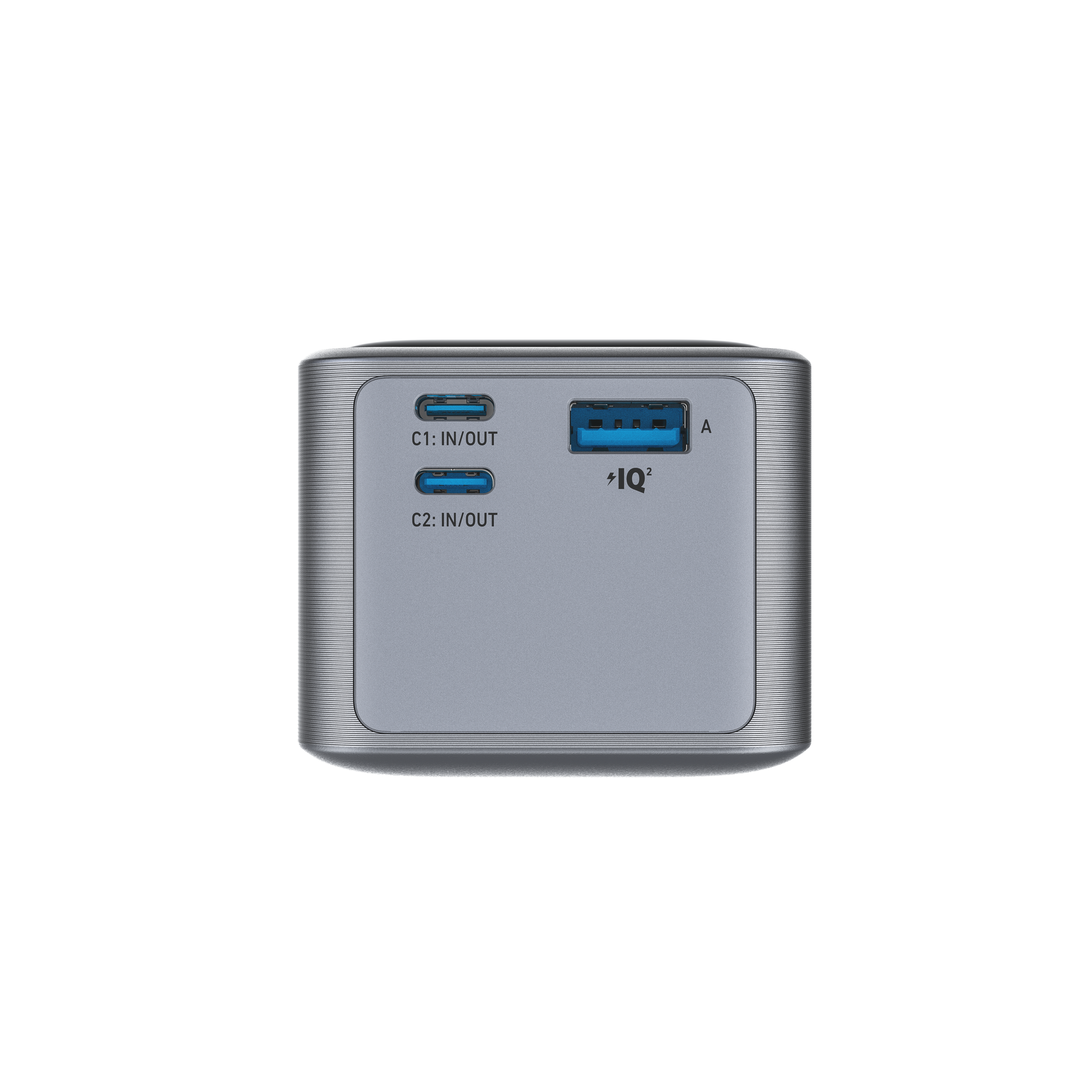 Silberne und graue Powerbank mit USB-Anschlüssen, beschriftet mit 'IQ²'.