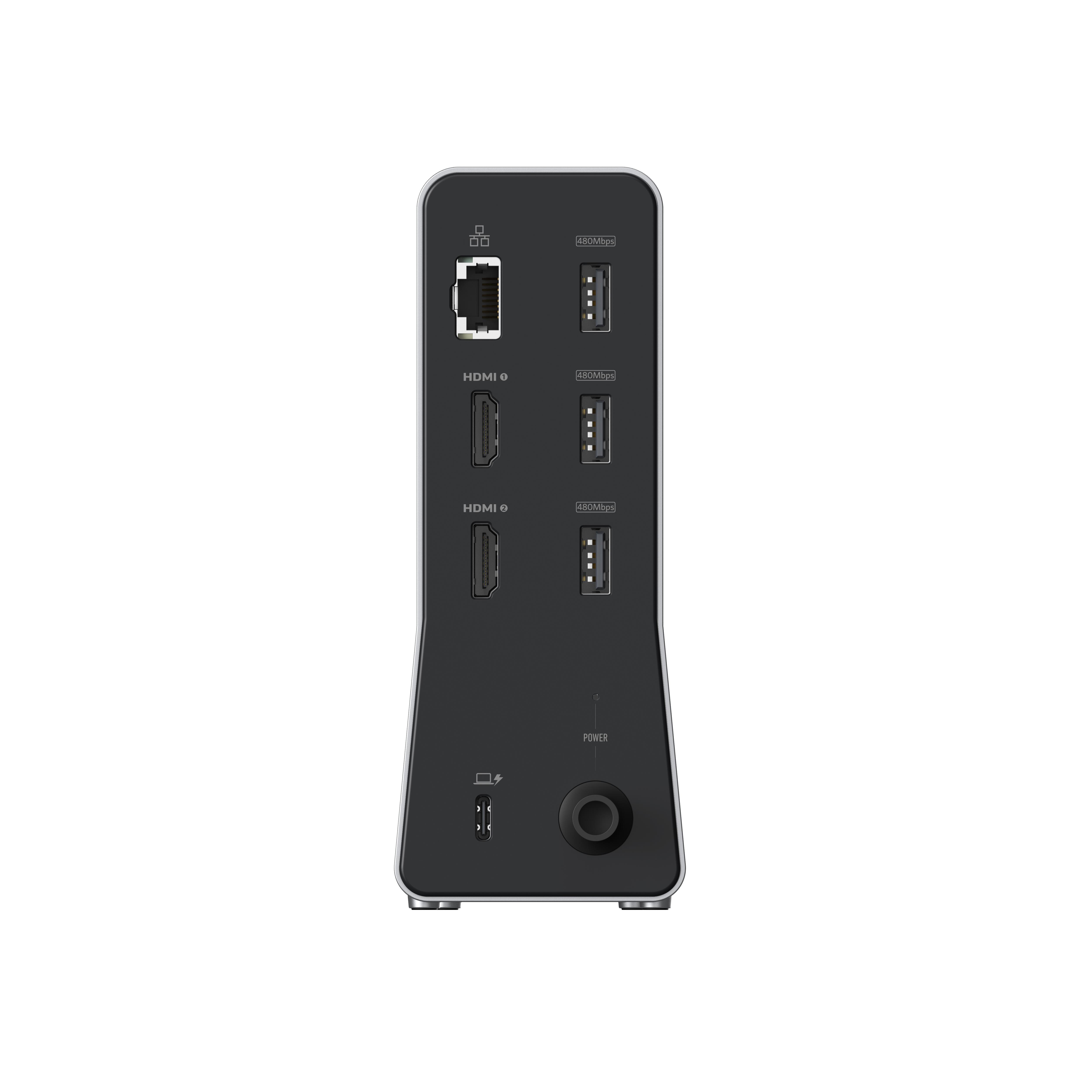 Eine schwarze Dockingstation mit mehreren Anschlüssen, darunter HDMI, USB und Ethernet.
