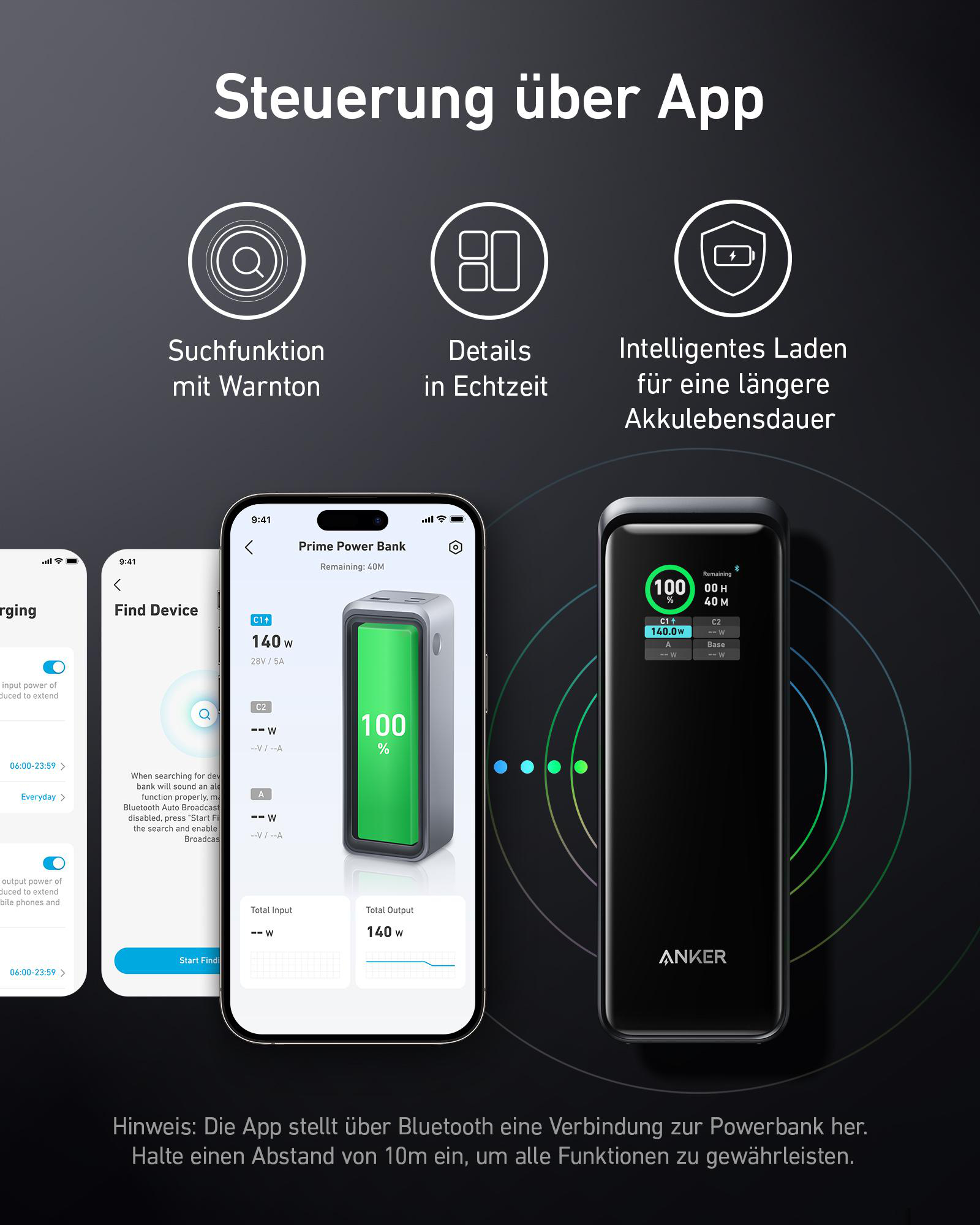 Ein Telefon, das eine App-Oberfläche zeigt, plus eine schwarze Powerbank. App zeigt Energieinformationen.