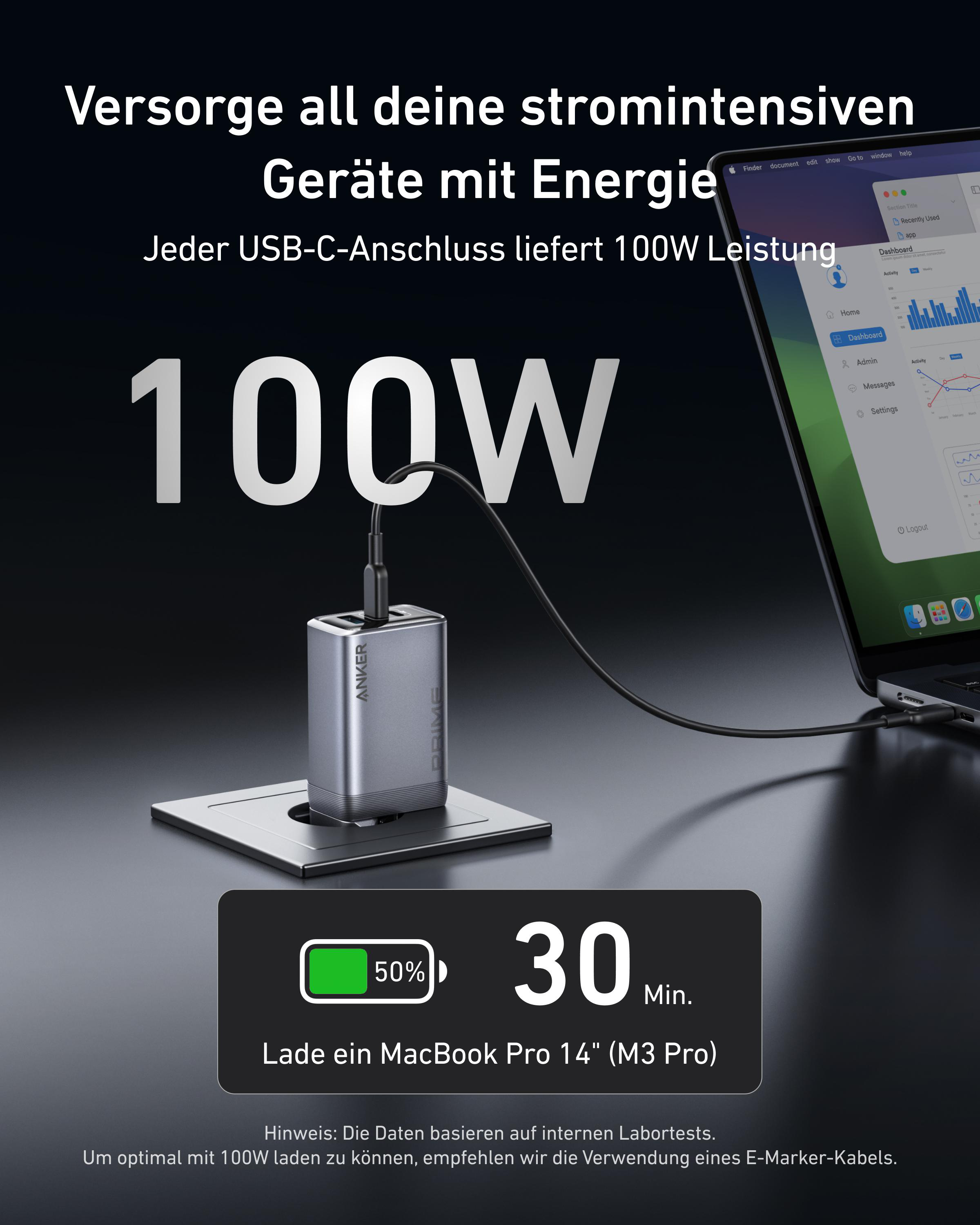 Silbernes Ladegerät mit Kabel am Laptop. Grafik zeigt Ladedetails.
