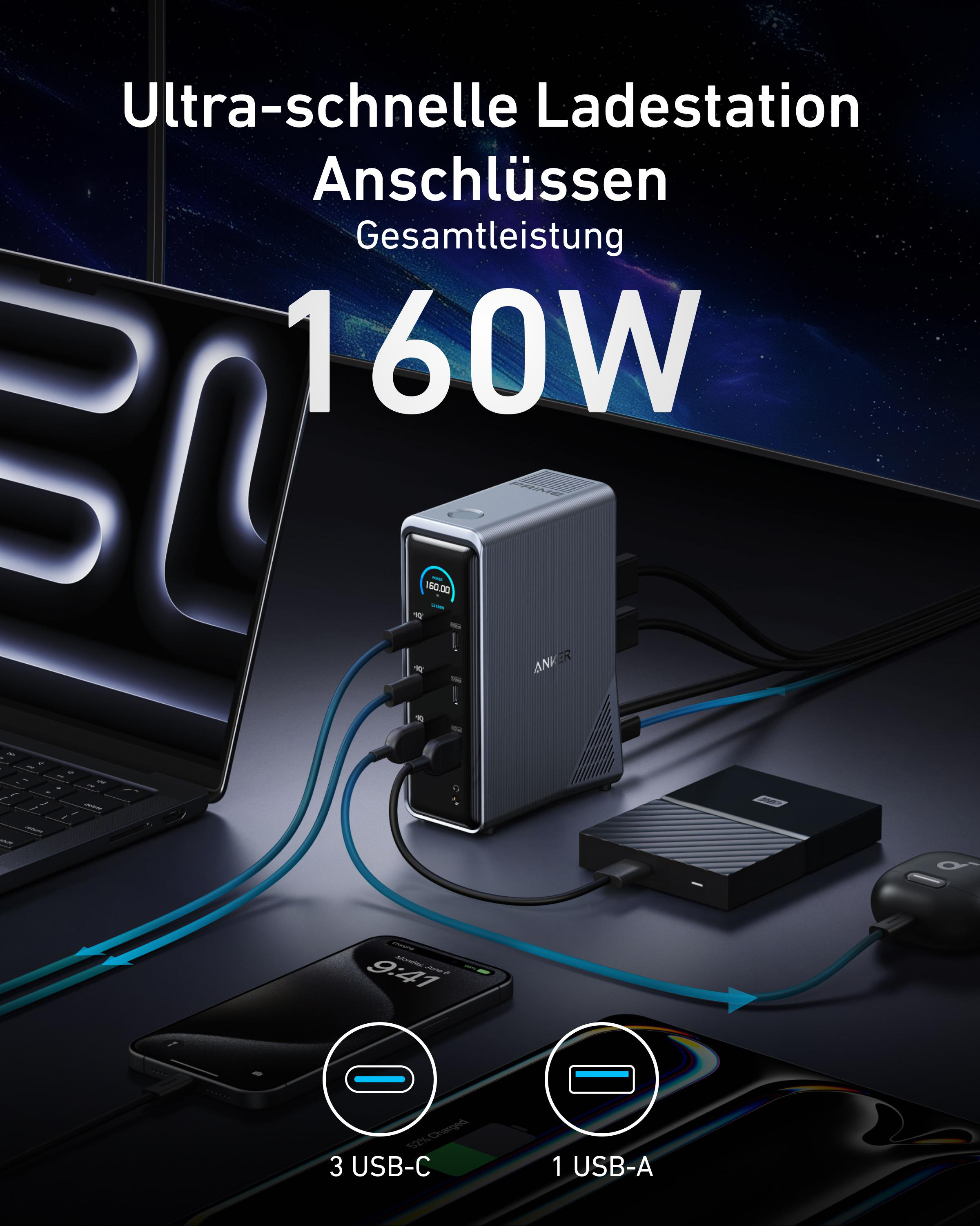Ladestation mit mehreren angeschlossenen Geräten: Laptops, Telefone und eine Festplatte.
