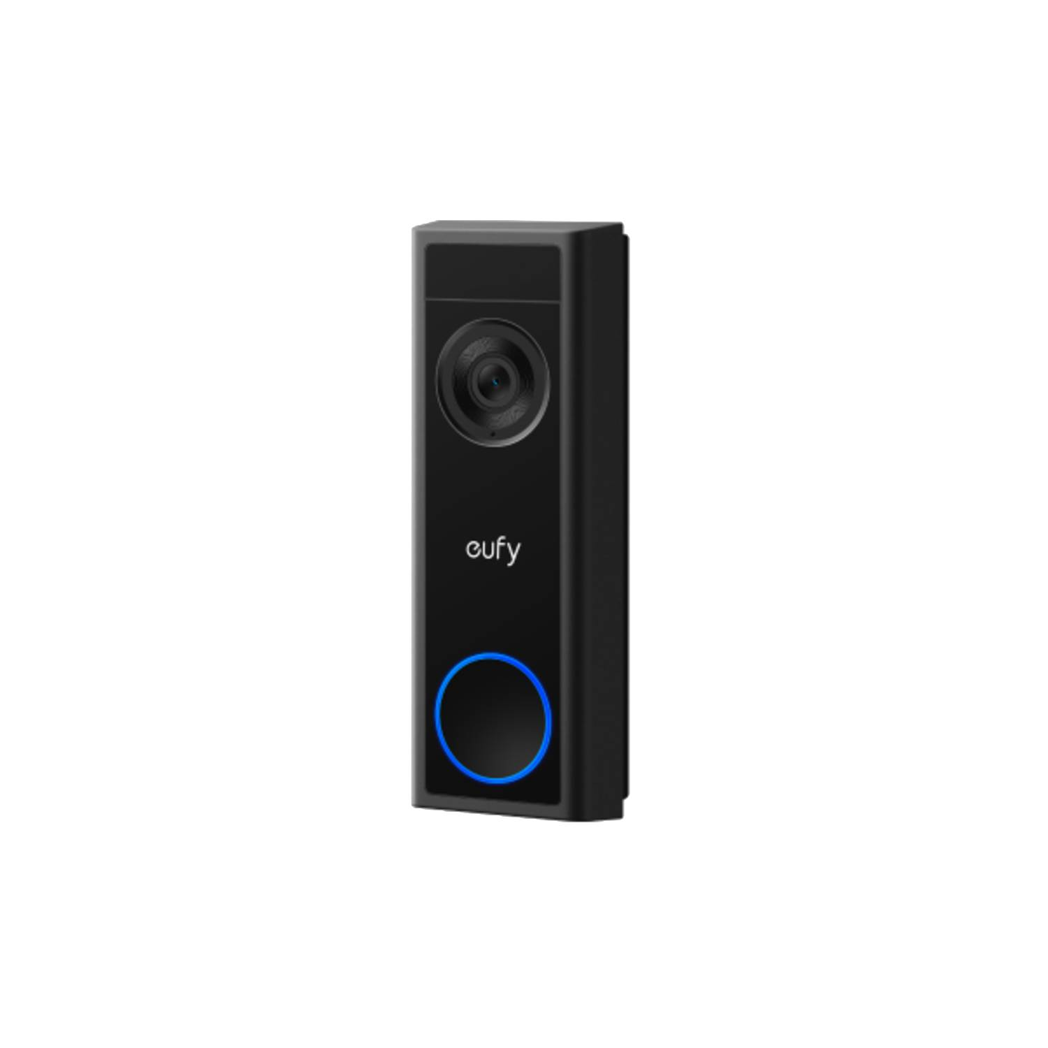 Sonnette vidéo Eufy noire avec caméra et anneau lumineux bleu.