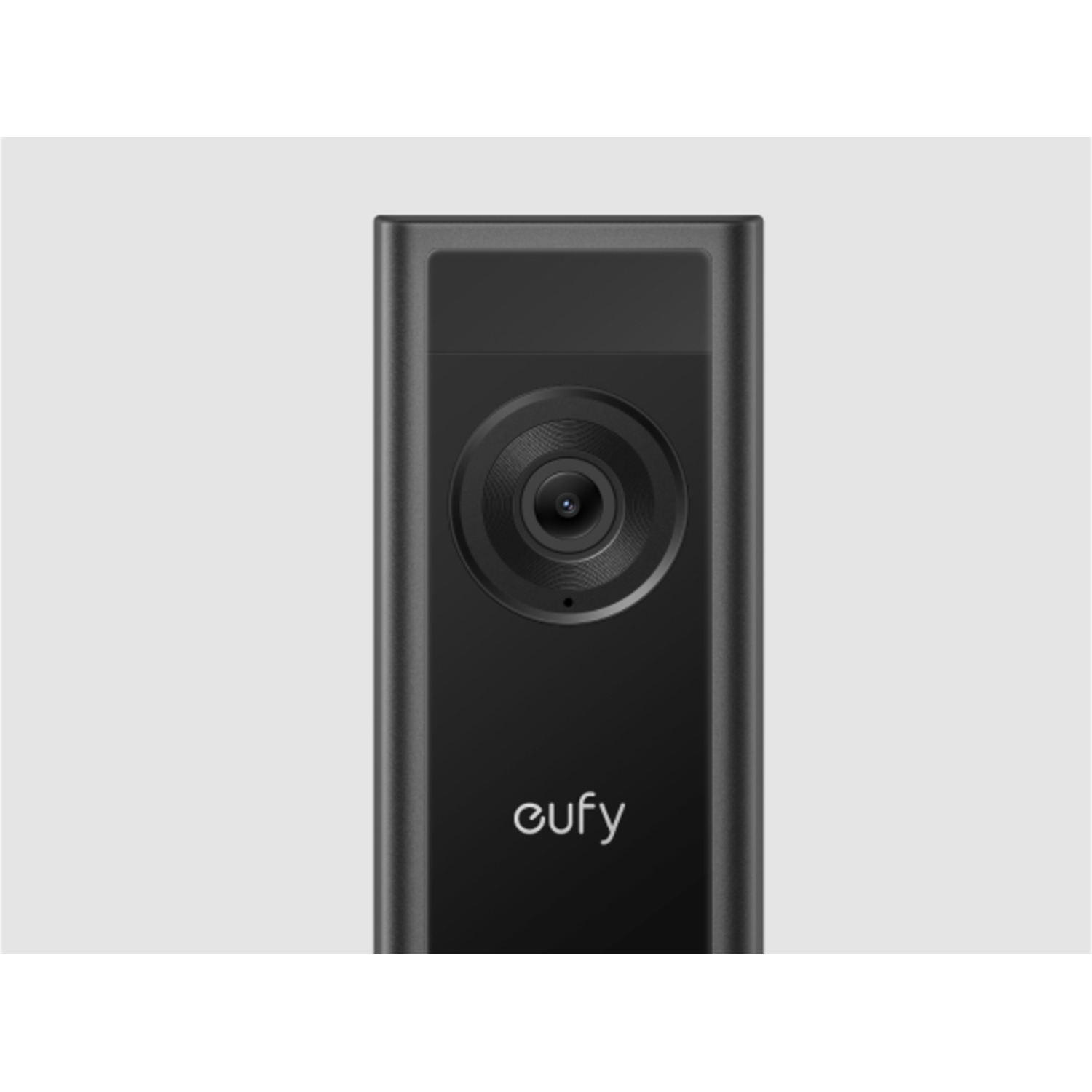 Caméra de sonnette eufy noire avec lentille d'appareil photo arrondie, sur fond blanc.