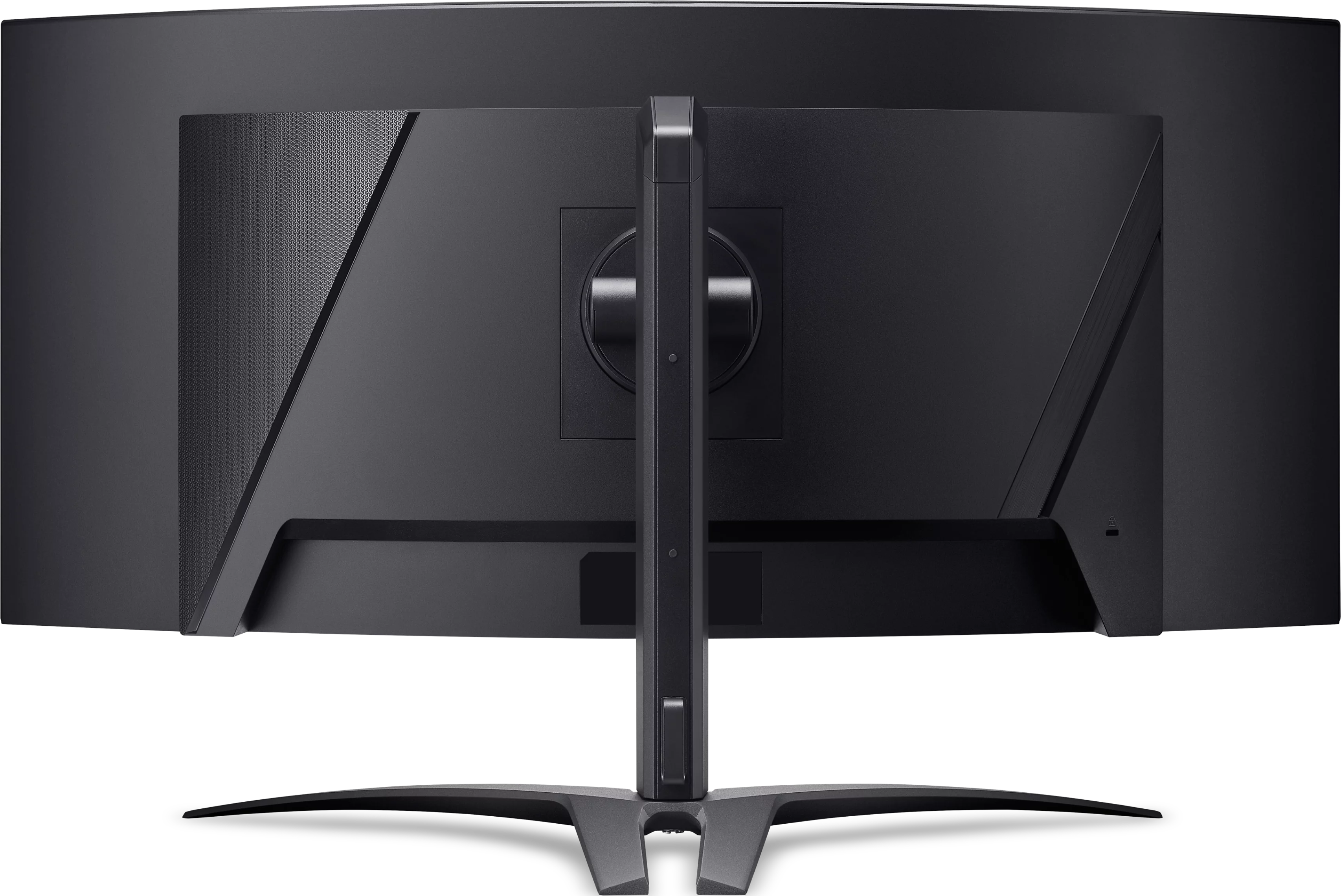 Arrière d'un moniteur d'ordinateur noir avec un support. L'écran est sombre et le support est argenté.