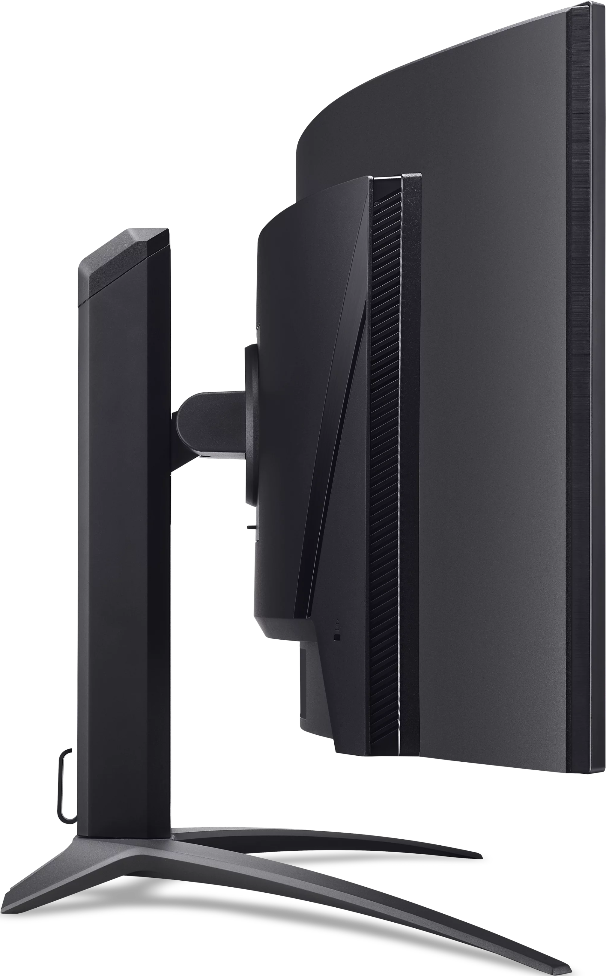 Vue latérale d'un moniteur de jeu noir. Écran incurvé, support et connecteurs arrière.