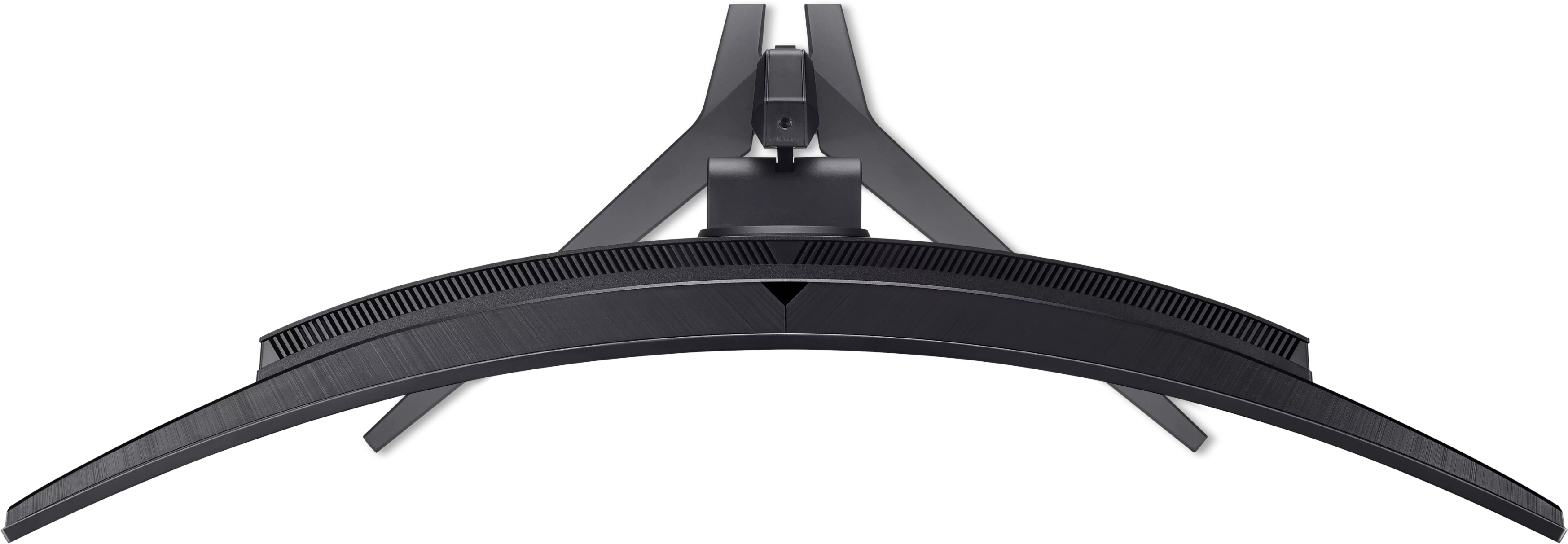La base incurvée d'un moniteur noir, vue d'en bas sur un fond noir.