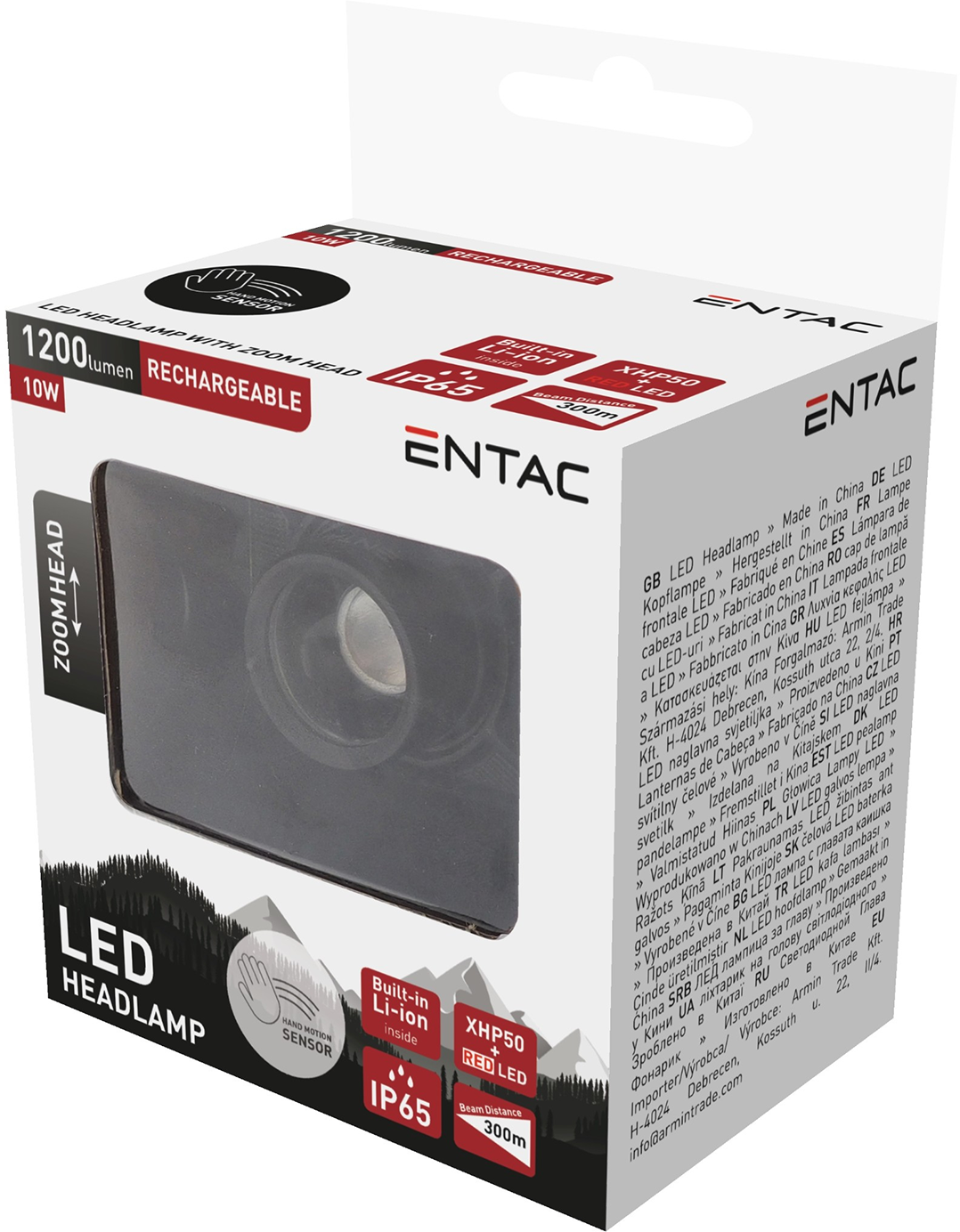 Fejlámpa doboz felirattal. Jellemzők: 1200 lumen, újratölthető és piros fény.