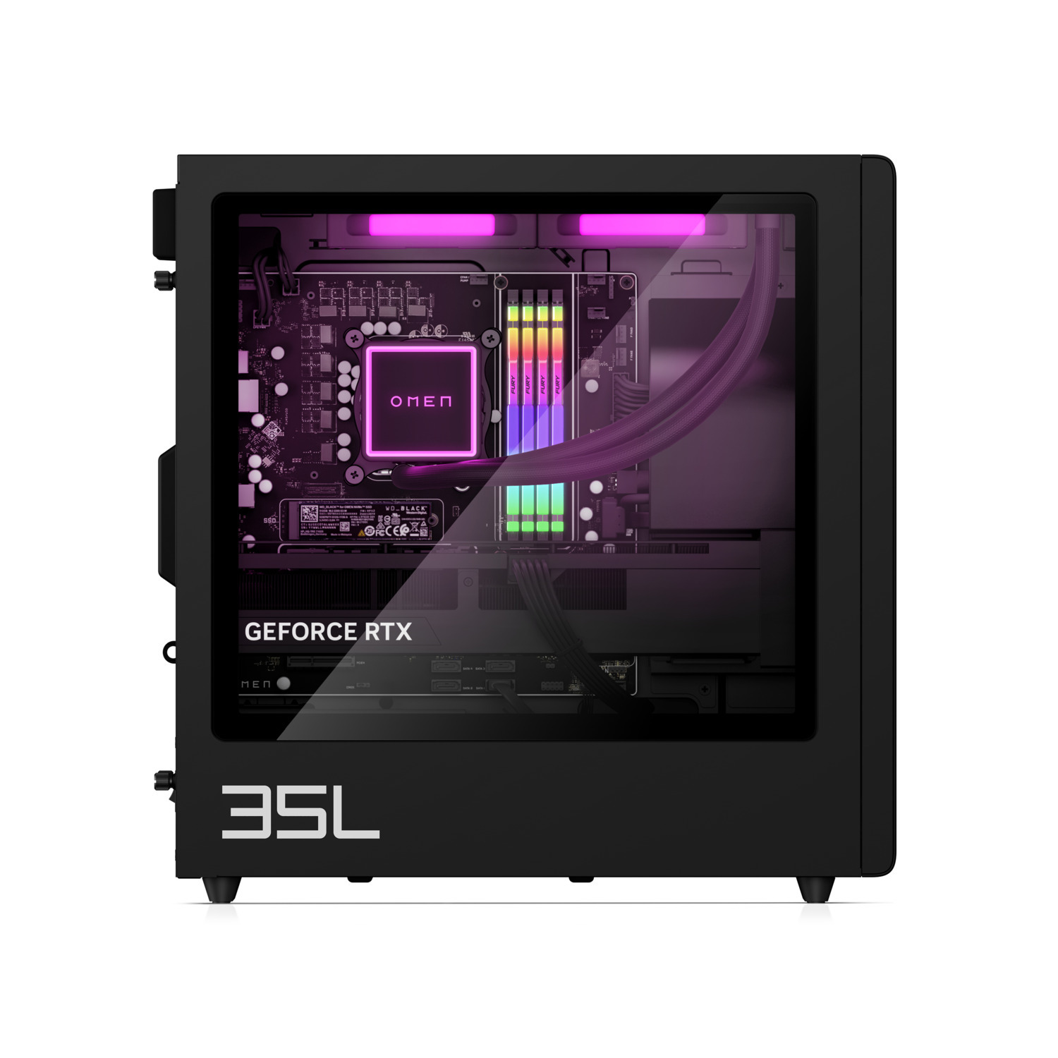 Black Omen gaming PC with a clear side panel, displaying internal components with lights.