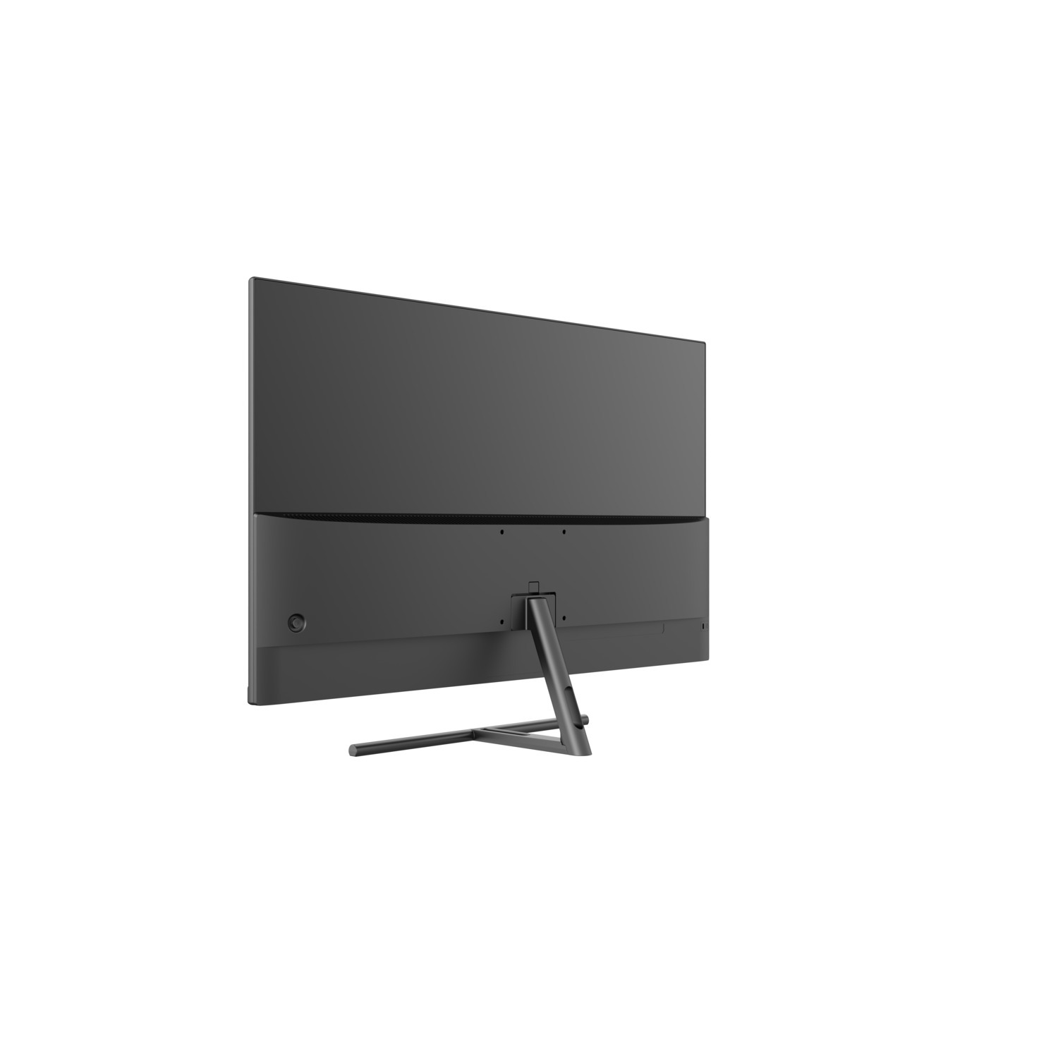 Un moniteur noir, vu de dos, avec un pied et des ports visibles.