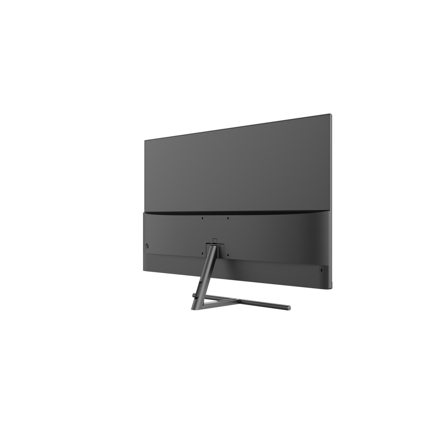 Vue arrière d'un moniteur noir avec un support fin et un design minimaliste.