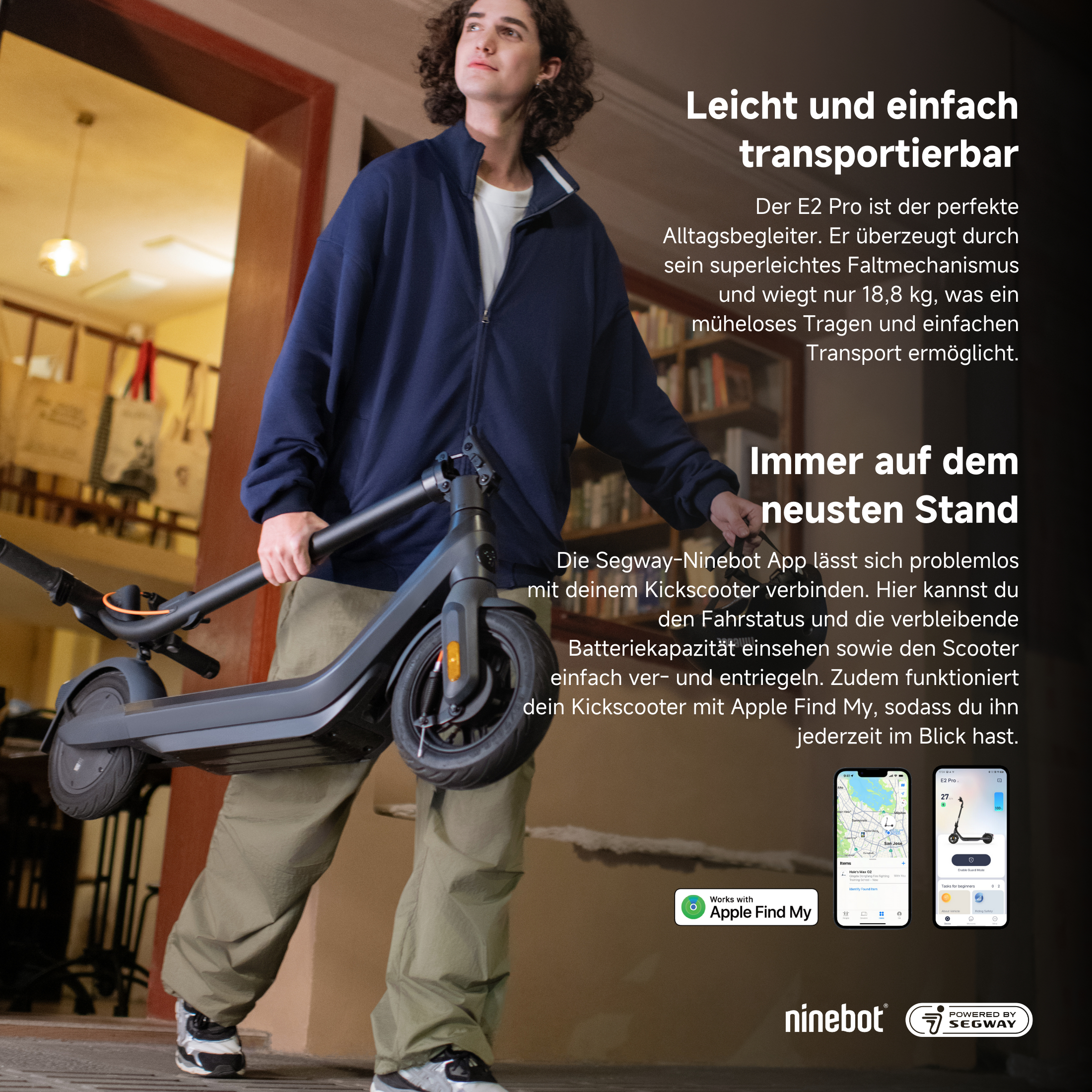Person trägt schwarzen Segway Ninebot-Roller. Text über Funktionen und die Apple Find My-App.