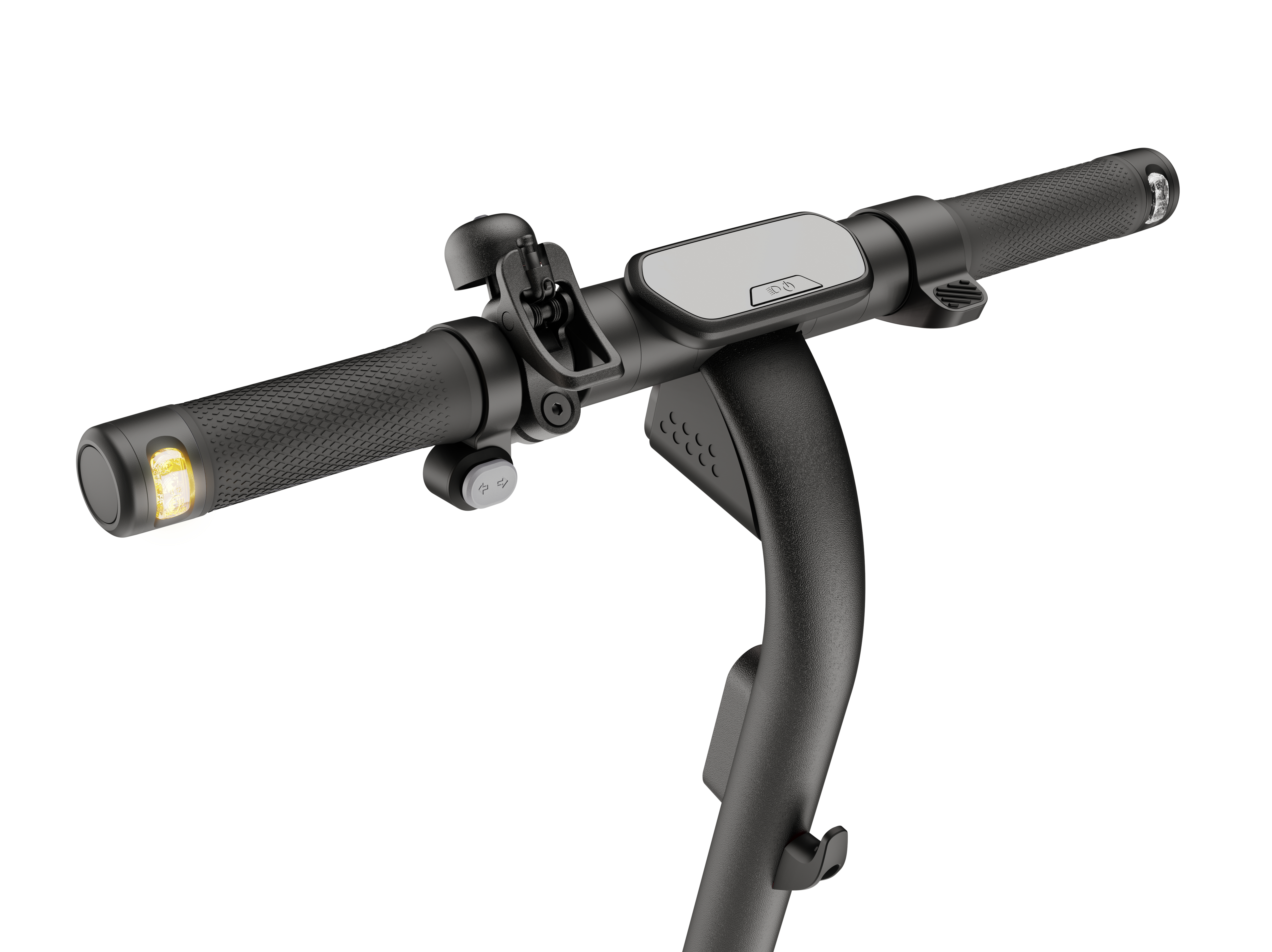 Nahaufnahme eines Rollerlenkers. Schwarz, mit Licht, Display und Bedienelementen.