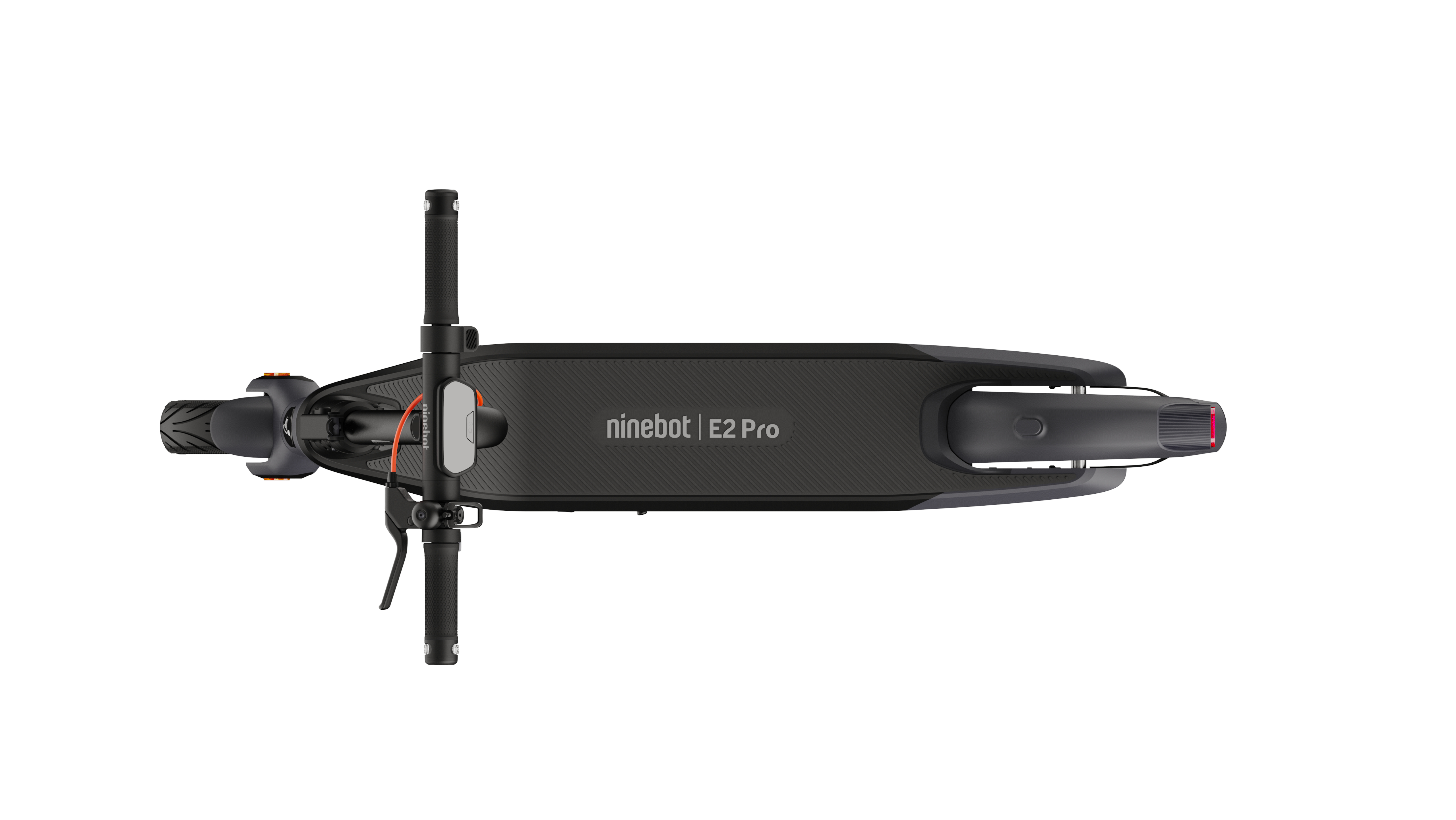 Draufsicht eines schwarzen Ninebot E2 Pro Rollers. Lenker, Deck und Rücklicht sichtbar.