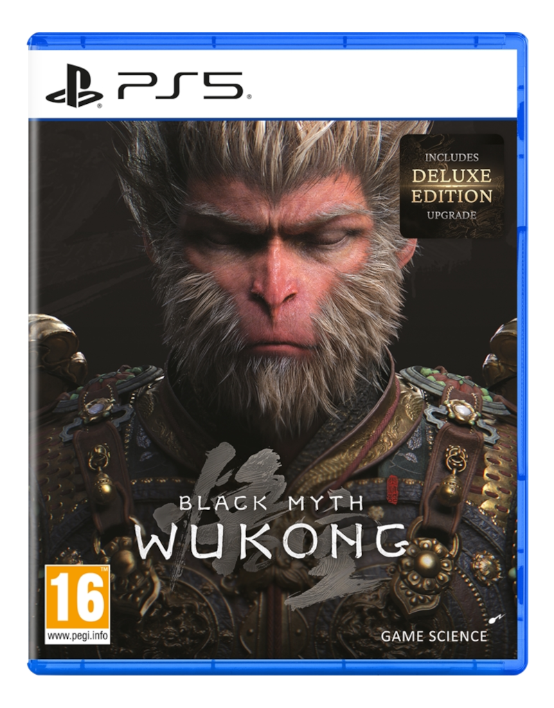 Scatola del gioco PS5, "Black Myth: Wukong", con un personaggio simile a una scimmia e adesivo deluxe.