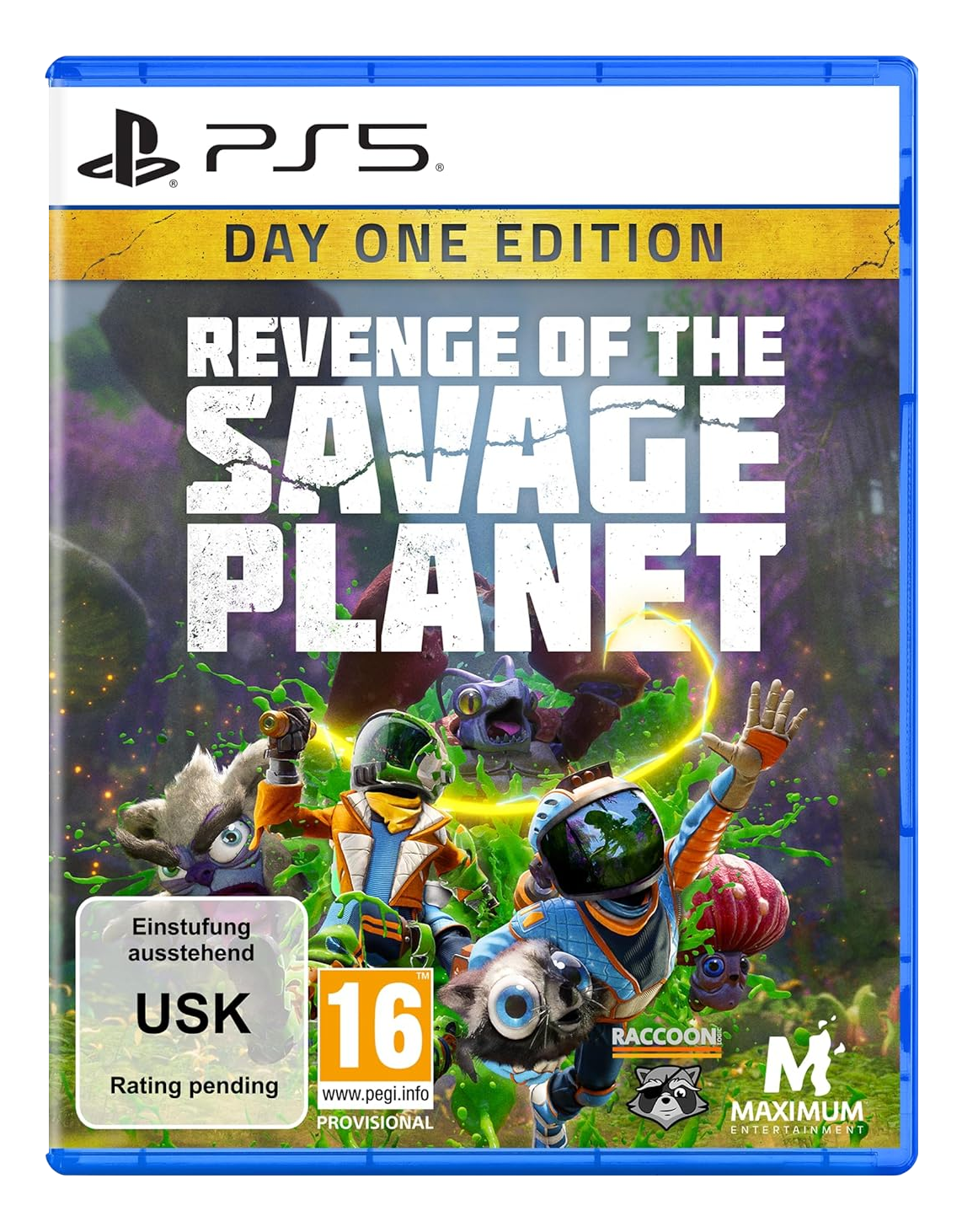 PS5-Spielcover für Revenge of the Savage Planet. Charaktere in Raumanzügen, Kreaturen und der Titel.
