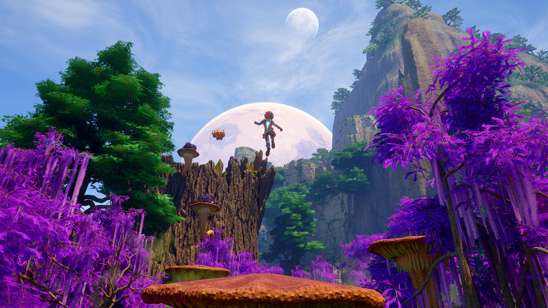 Fantasy-Landschaft mit einer springenden Figur. Lila Bäume und ein großer Mond im Hintergrund.