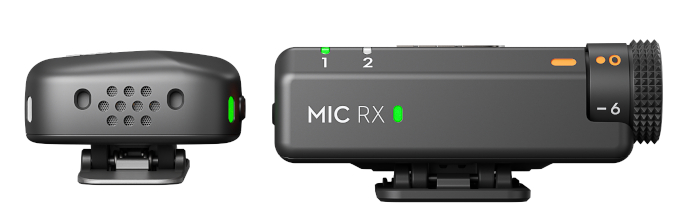 Dwa czarne mikrofony, widok z boku i z góry, z zielonymi światłami.