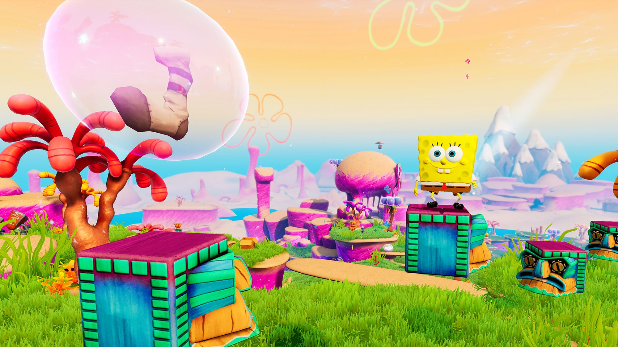Spongebob-Spielszene: Spongebob und Freunde auf bunten Plattformen, Blase im Himmel.
