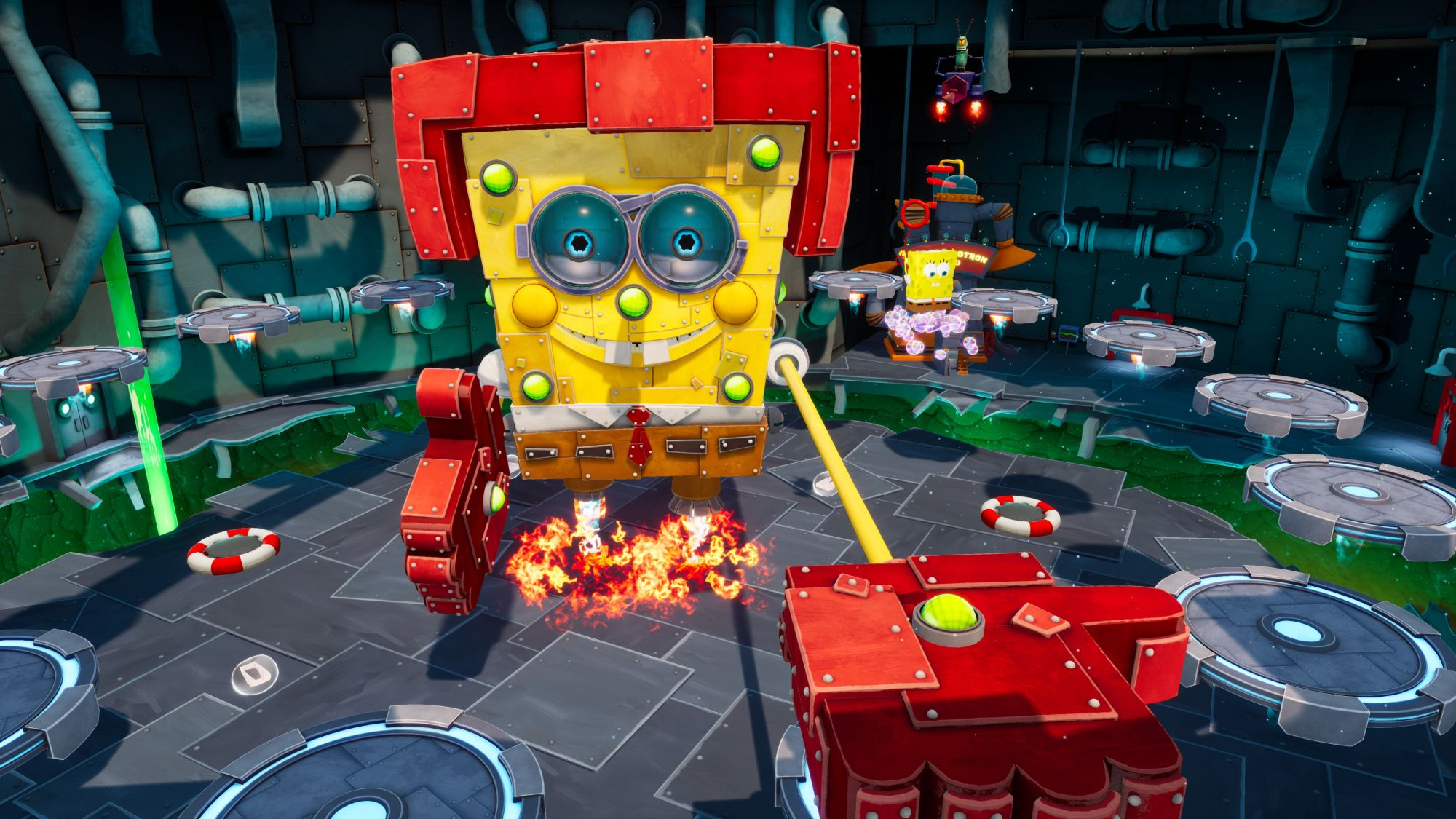 Spongebob Schwammkopf Roboter kämpft in einem Videospiel. Eine bunte Spielumgebung ist sichtbar.