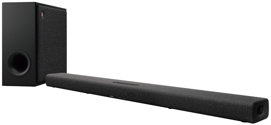 Czarny soundbar i subwoofer na białym tle.