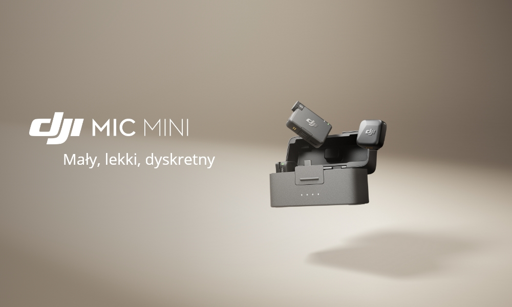 Zestaw DJI Mic Mini, z etui ładującym i dwoma mikrofonami. Tekst: Mały, lekki, dyskretny.