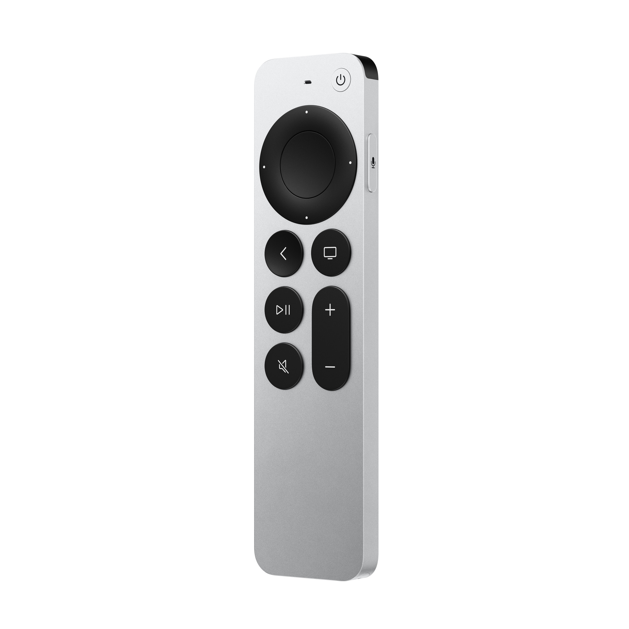 Un mando a distancia plateado de Apple TV con botones negros. Tiene un diseño minimalista.