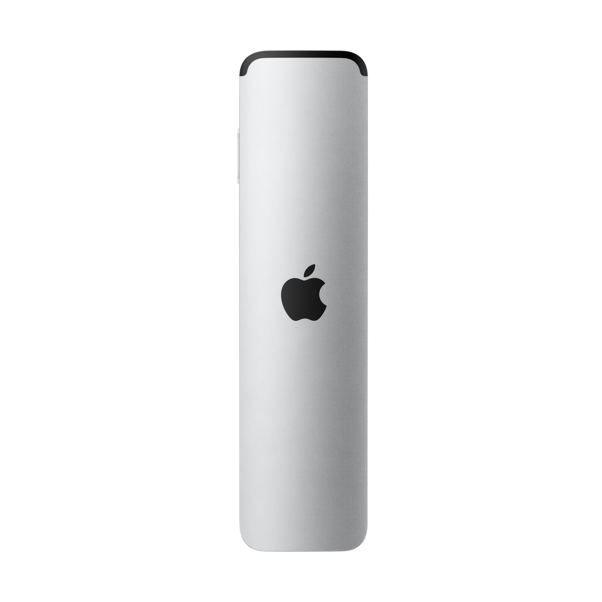 Un mando a distancia blanco de Apple TV. El logotipo de Apple está en la parte delantera y el mando está sobre un fondo blanco.