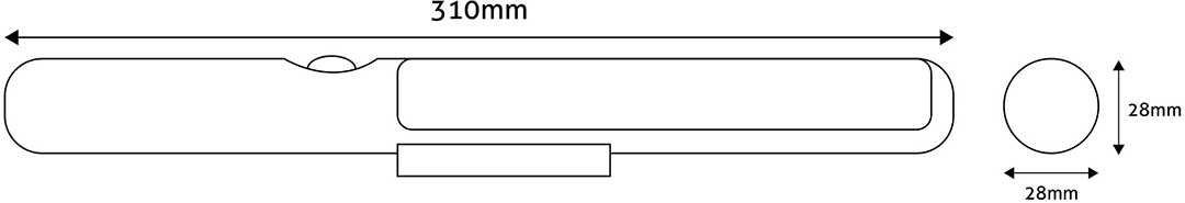 Egy lekerekített szélű téglalap és egy kör vonalrajza. A méretek 310 mm és 28 mm.
