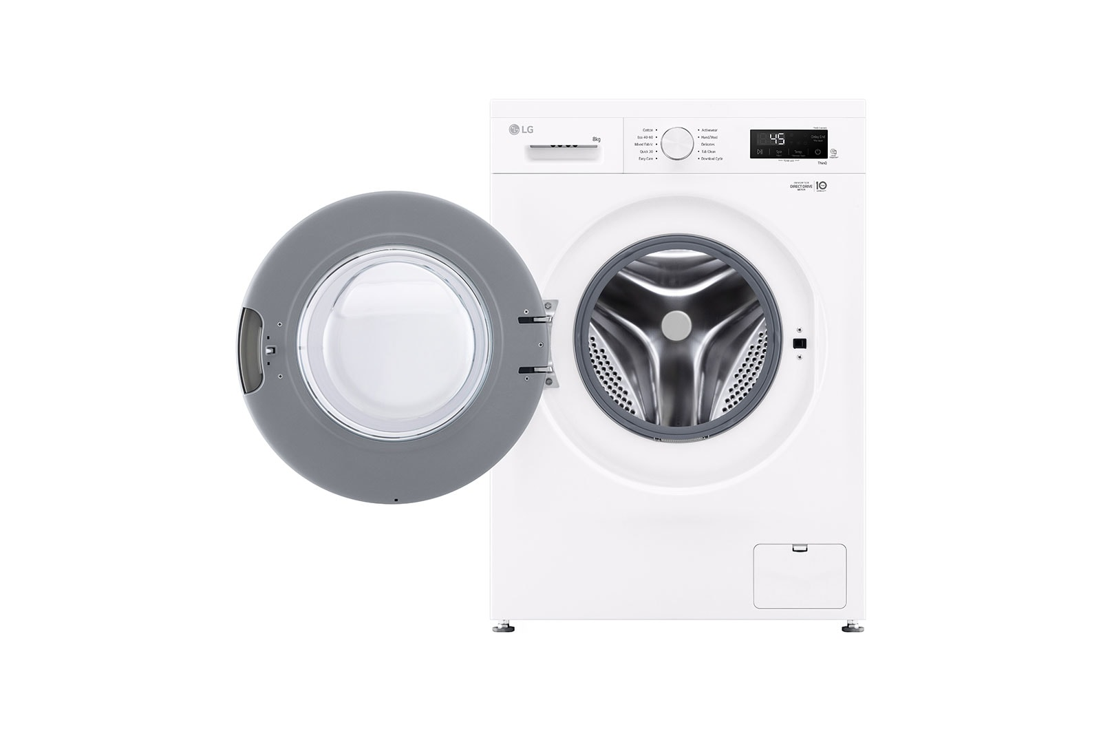 Fehér mosógép nyitott ajtóval, a dobot mutatva.