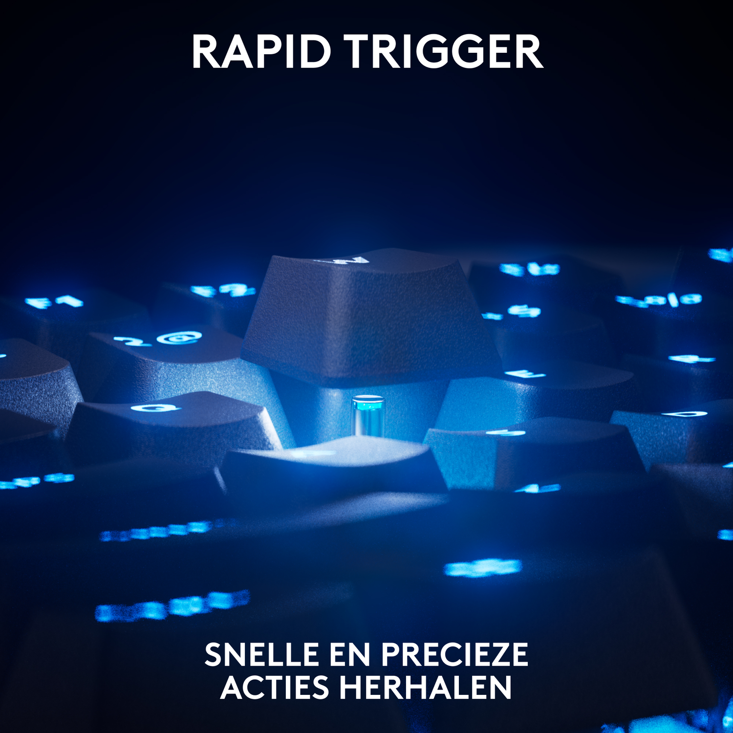 A keyboard with backlit keys. The text is in English: Rapid Trigger. Snel en precieze acties herhalen.