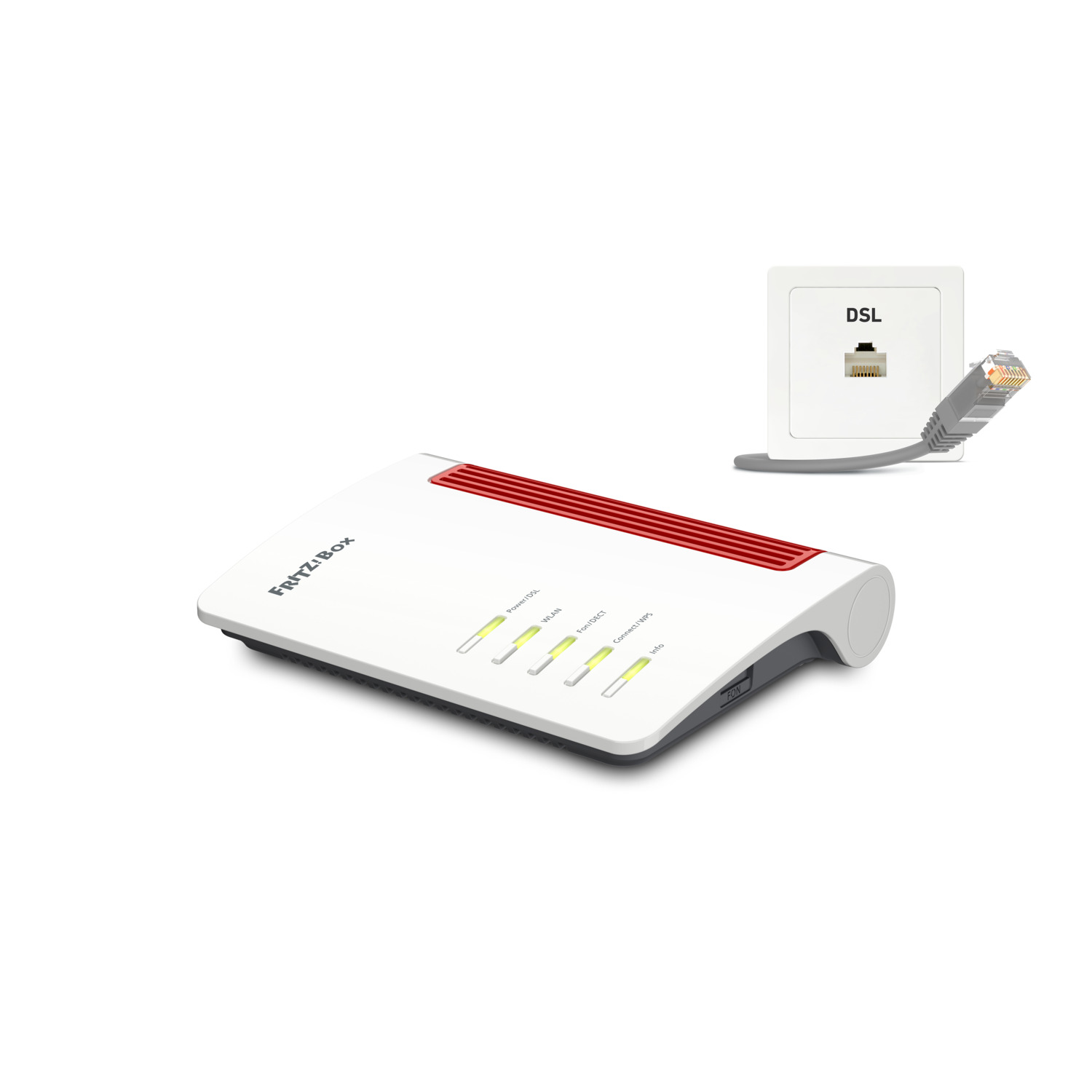 Routeur blanc avec des accents rouges et une connexion DSL.
