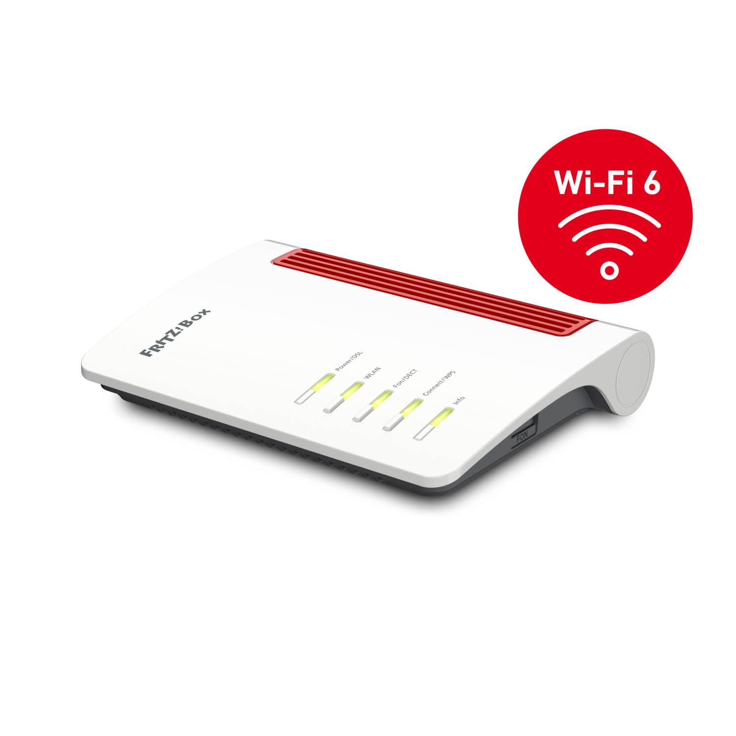 Un routeur blanc avec des accents rouges et le logo Wi-Fi 6. Le routeur a plusieurs voyants.