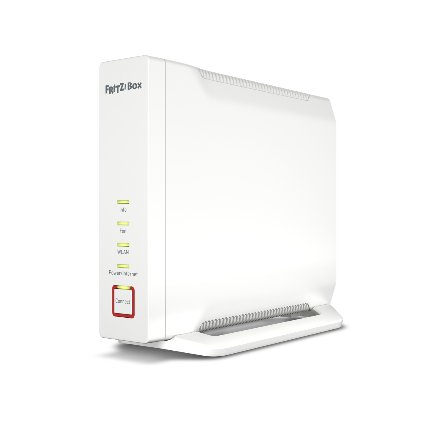 Routeur FRITZ!Box blanc avec témoins lumineux et bouton connecter rouge.