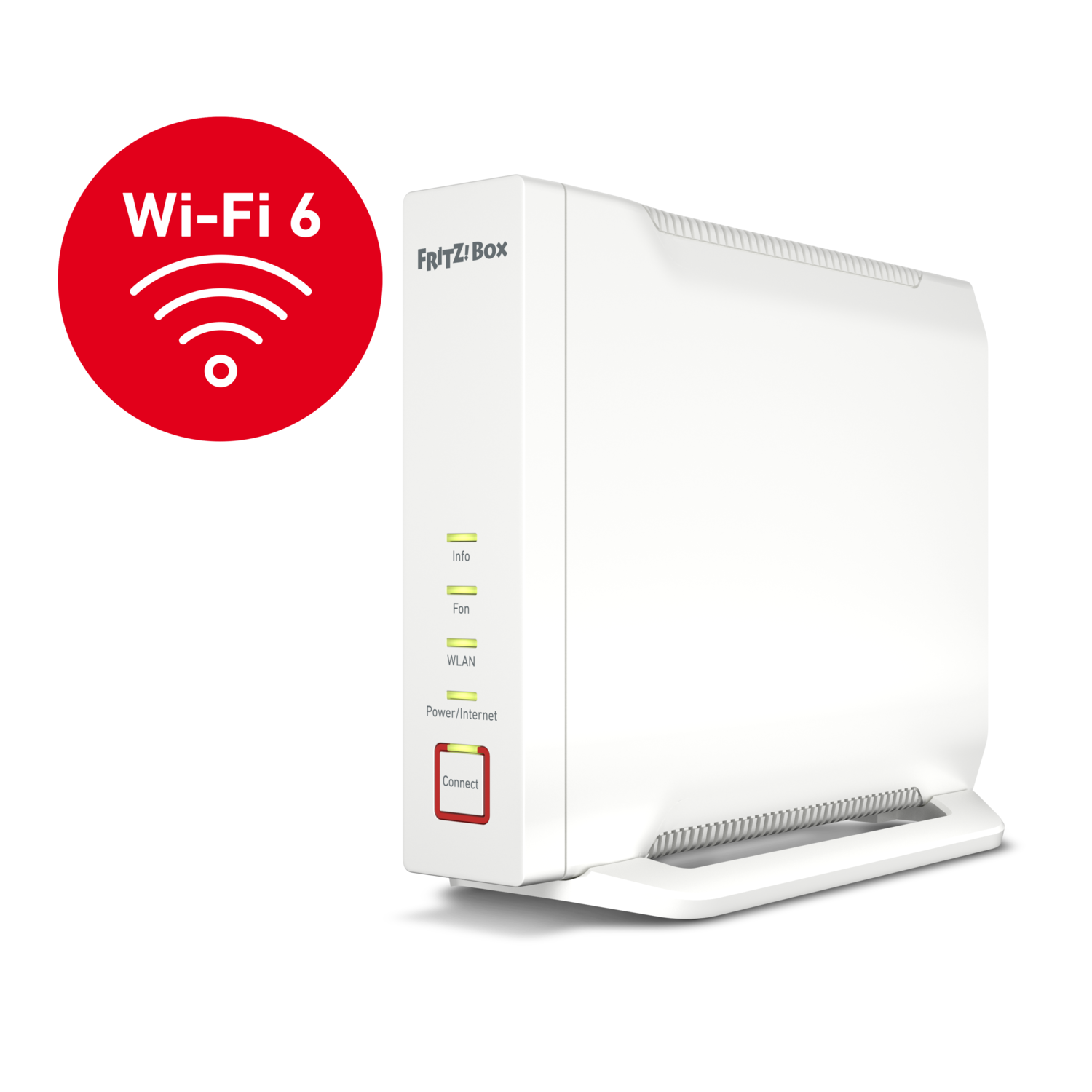 Un routeur blanc avec logo Wi-Fi 6 rouge et lumières, sur fond noir.