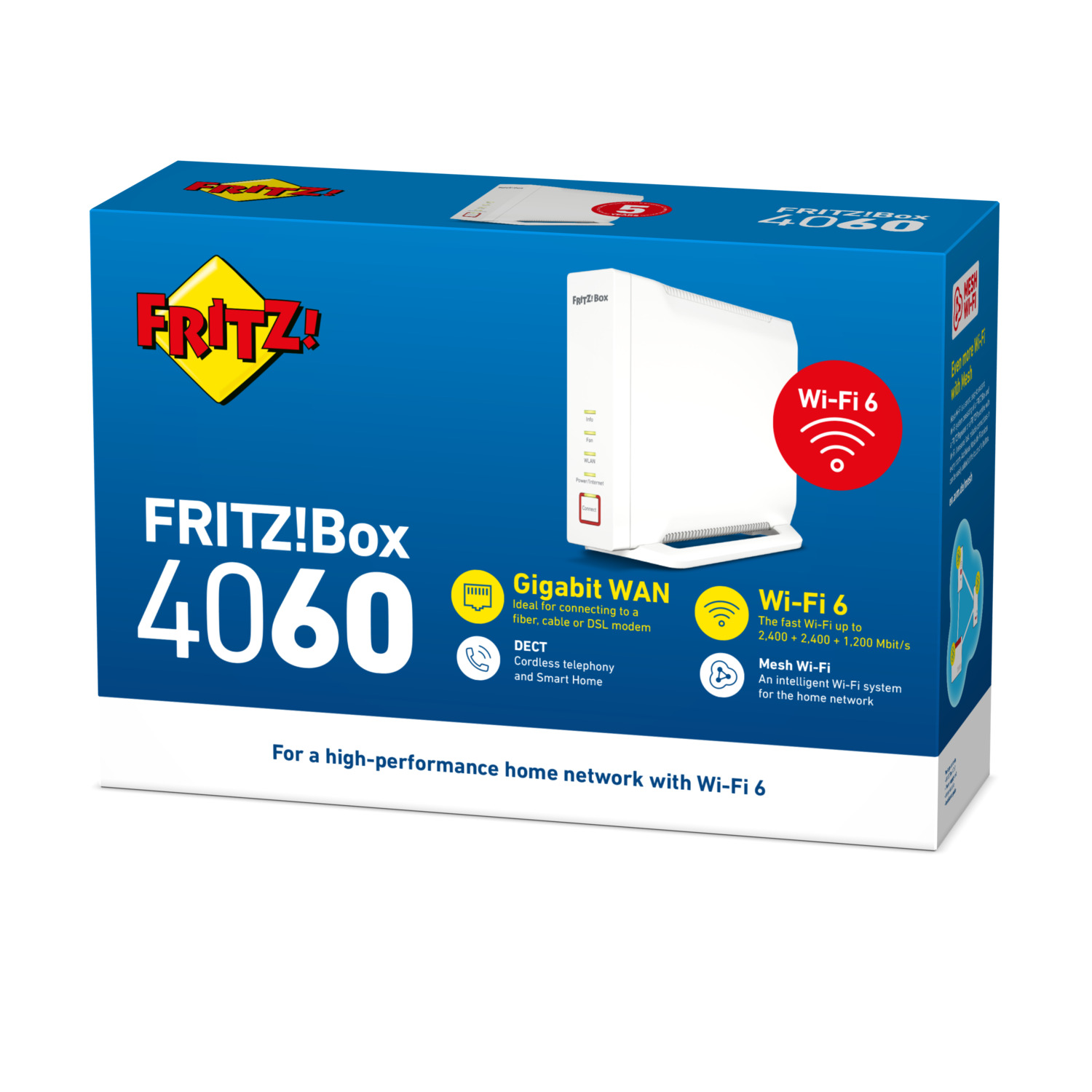Boîte du routeur Fritz!Box 4060 avec Wi-Fi 6, Gigabit WAN et Wi-Fi mesh.