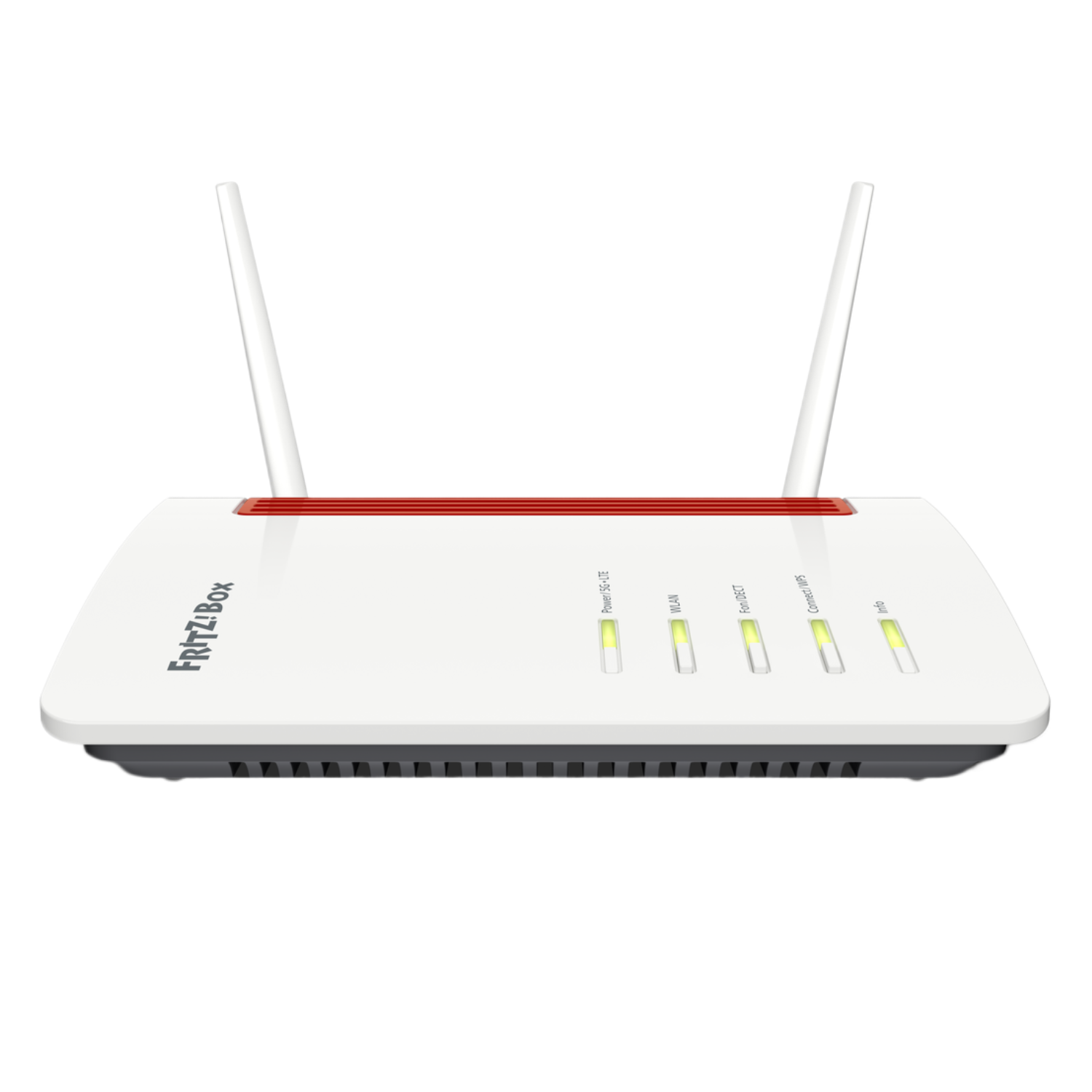 Routeur blanc et rouge avec deux antennes et des voyants. La marque est Fritz!Box.