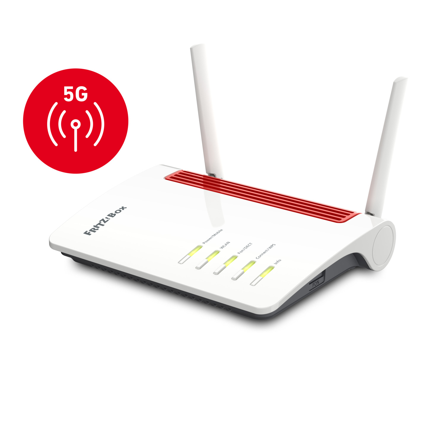 Routeur blanc et rouge avec antennes. L'icône 5G est affichée dans le coin supérieur gauche.