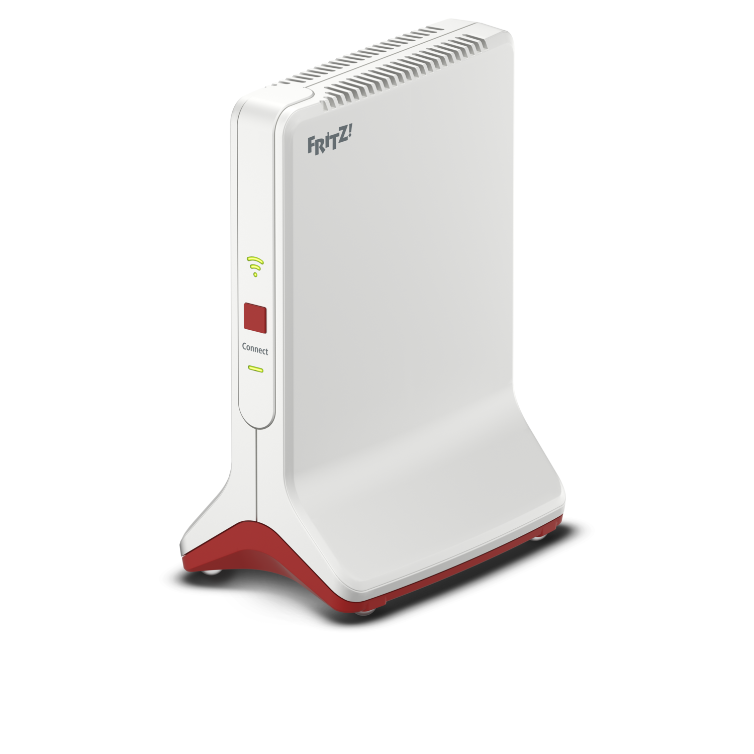 Een witte en rode router. De merknaam 'Fritz!' staat bovenaan. Het heeft een groen en rood licht.